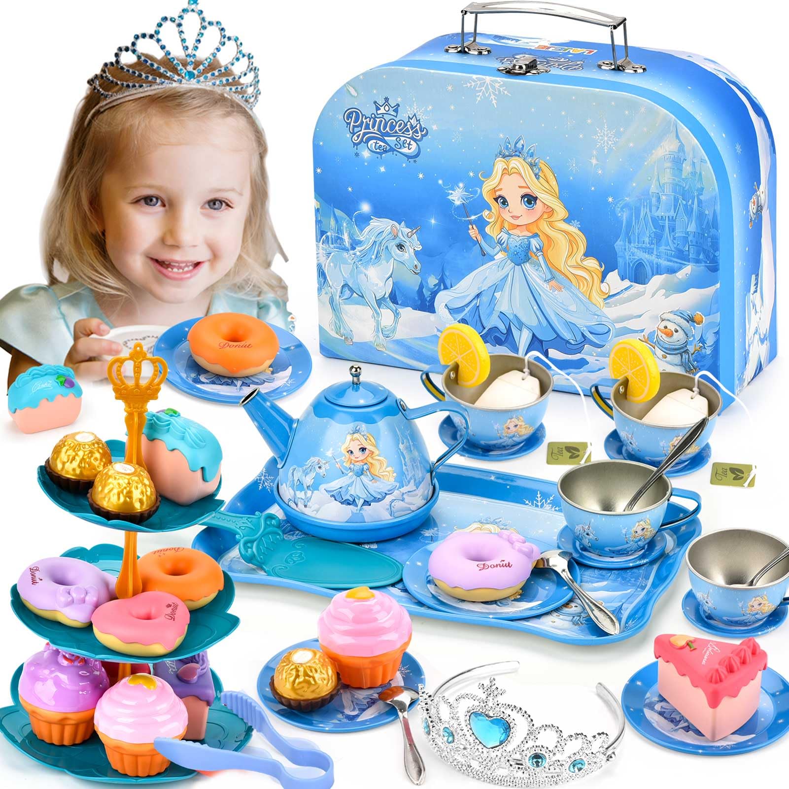Amplov 43-Piece Princess Tea Set Playset for Kids – Pretend Play Kitchen Toy with Teapot, Desserts & Carrying Case | Toddler Tea Party Toys, Imaginative Role Play, Birthday Gift for Girls Ages 3-8