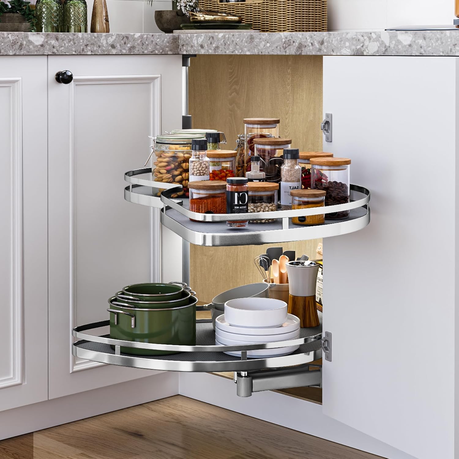 DWVO Corner Cabinet Organizer, 2-Tier Blind Corner Pull Out with 270° Rotating Shelf, Right Swing Tray, Heavy-Duty Iron, Easy-Install Template, 32.7"x17.3"x21.3", Gray