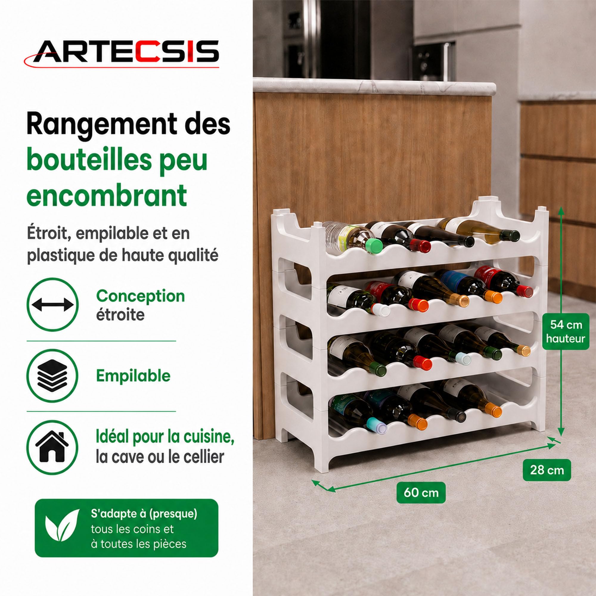 ARTECSIS Casier à Bouteilles, Étagère à Vin pour 24 Bouteilles, Range Bouteille Plastique Blanc, Hauteur de 54 cm
