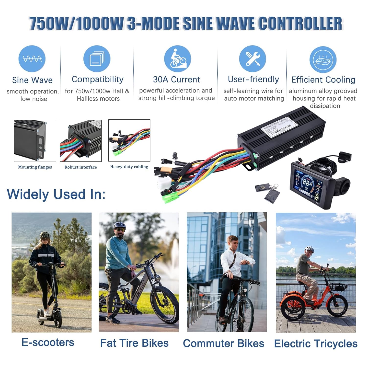 36V 48V Ebike Controller Kit 750W 1000W 30A Brushless Motor Controller 3 Mode Sine Wave Controller with Ebike Color LCD Display Electric Scooter Controller for Hall Sensor or Sensorless Motor