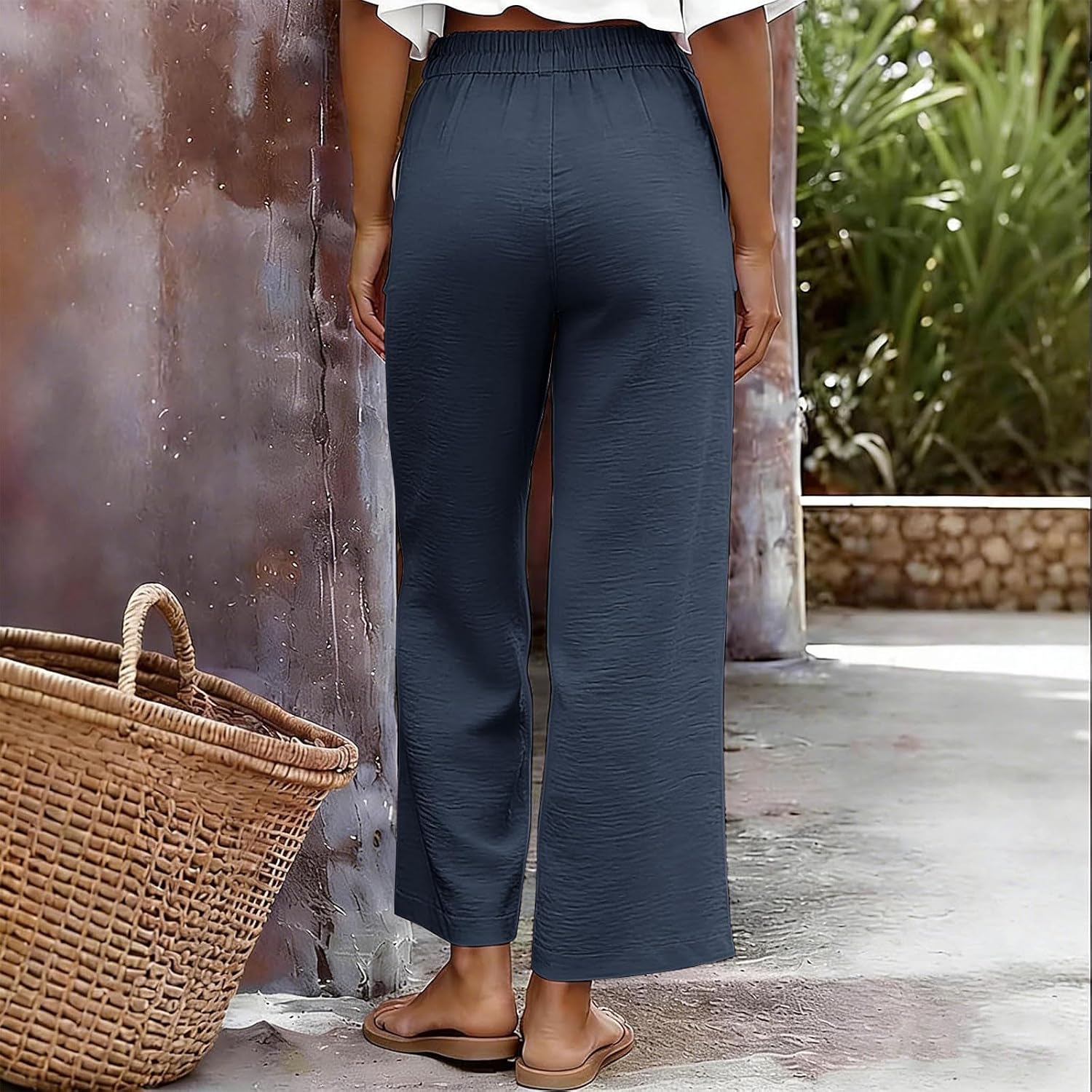 Women's Pants Casual High Waisted Wide Leg Pants Woman Loose Fashion Drawstrings Cotton Trousers with Pockets