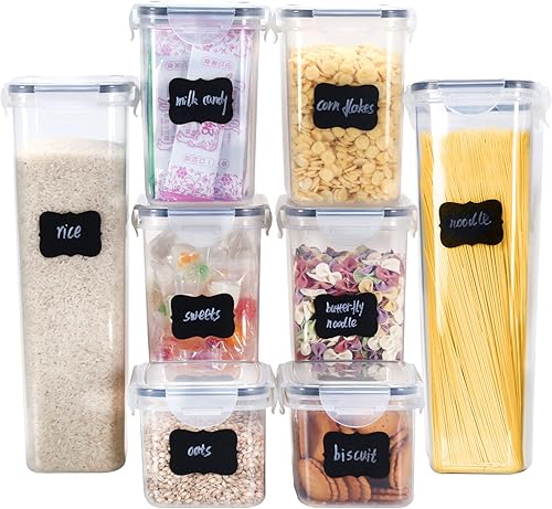 Miniatura 1 de Juego de 8 recipientes herméticos para almacenamiento de alimentos con tapas, recipientes de plástico a prueba de fugas para cereales, harinas y