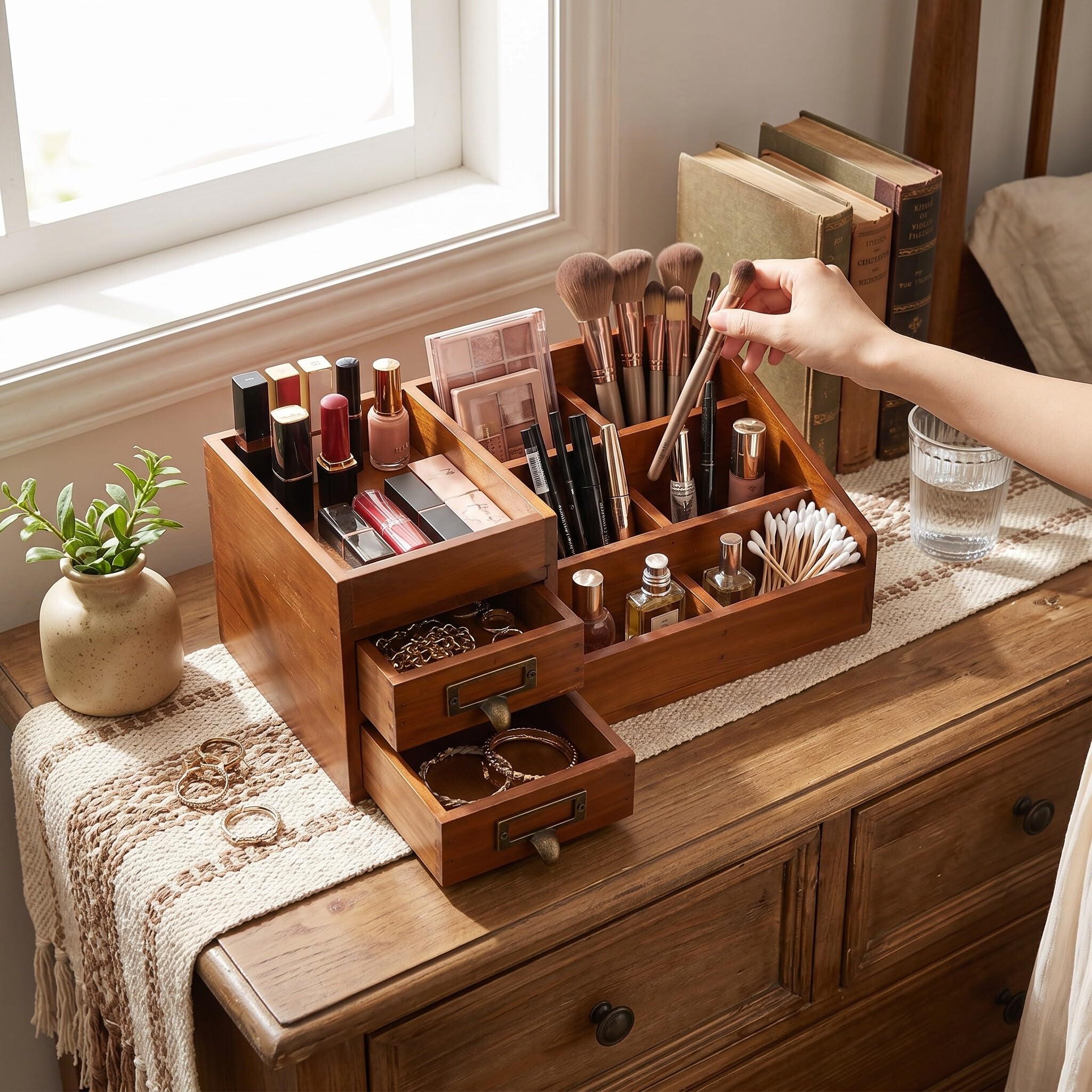 Pssopp Holz Make up Organizer Kosmetik Organizer DIY Makeup Aufbewahrungsbox Schreibtischorganizer Aufbewahrungsbox für Schminke Badezimmer Dresser Bad Schlafzimmer