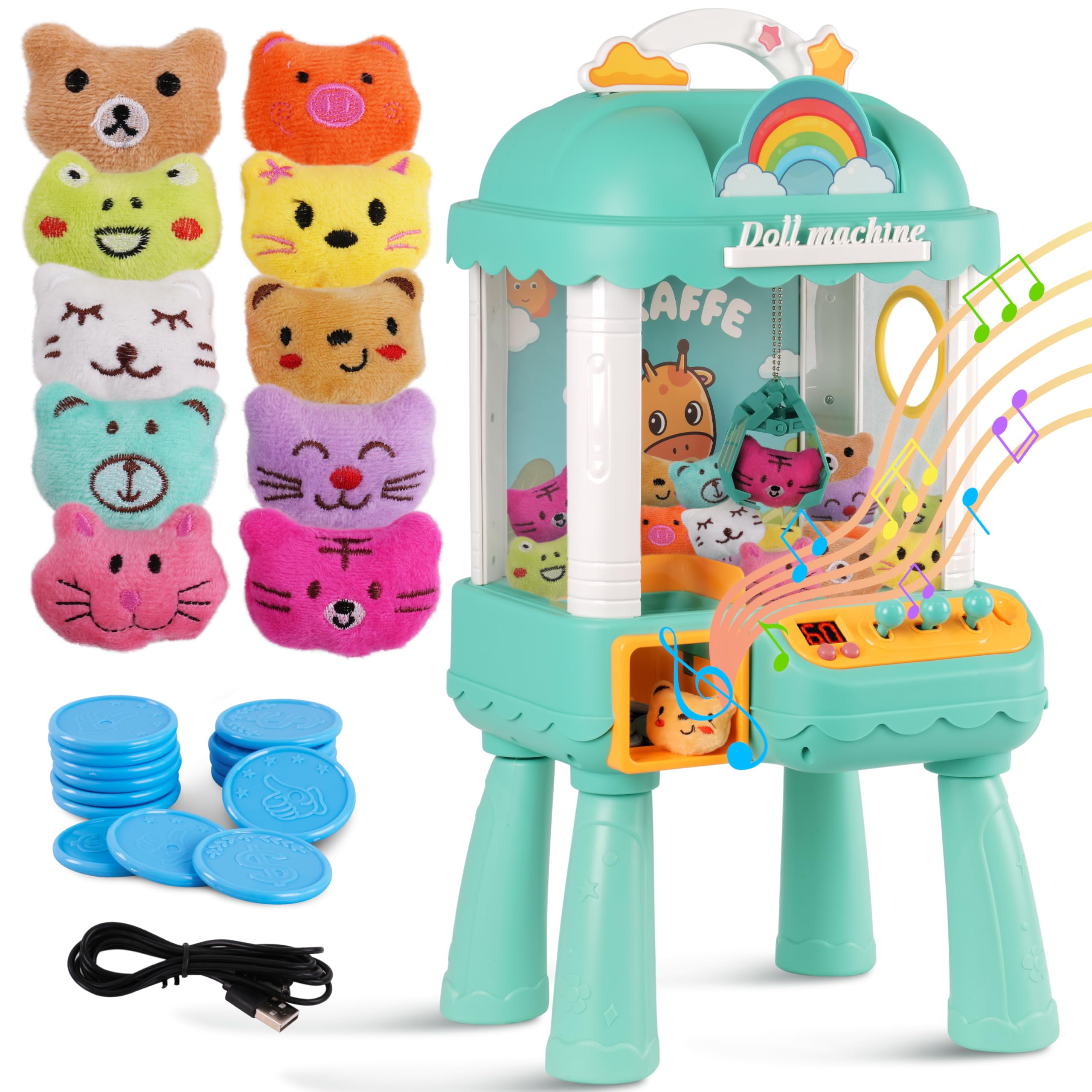 Bambibo Mini Claw Machine for Kids - Pre Assembled Adjustable Size Vending Machine Toys | Green Mini Arcade Game with Music | Arcade Machines for Home | Indoor Toys Mini Arcade Games for Kids Ages 4-8