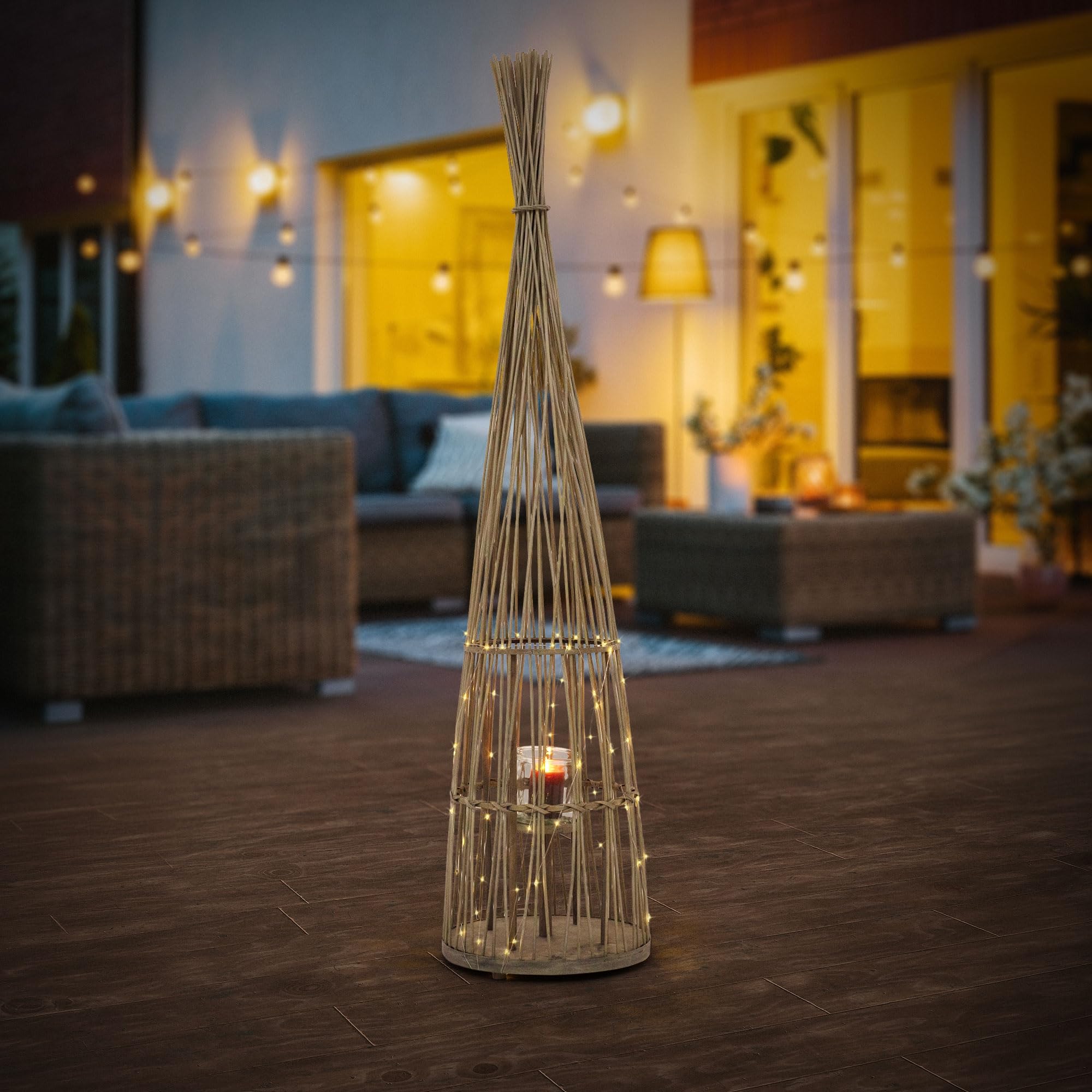 ECD Germany Bambus Laterne, Windlicht 150 cm, Holzfarbe, Gartenlaterne mit LED Lichterkette & Glaseinsatz, Boho Bambuslaterne Kerzenhalter Flechtoptik Innen/Außen, Deko Laterne für Terrasse Wohnzimmer