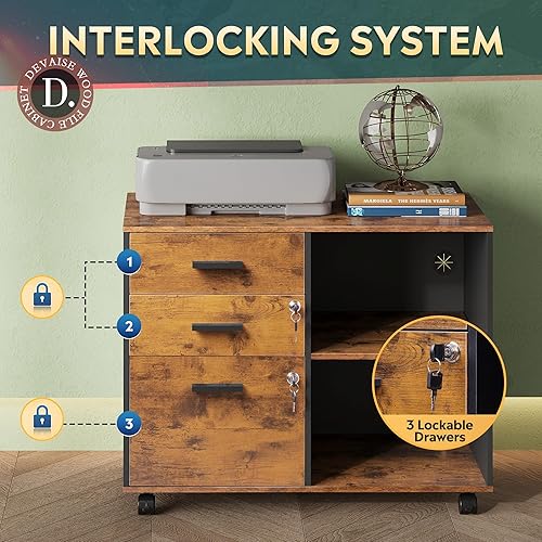 Miniatura 11 de DEVAISE Archivador de madera de 3 cajones con cerradura, archivador lateral móvil, soporte de impresora con estantes de almacenamiento abiertos