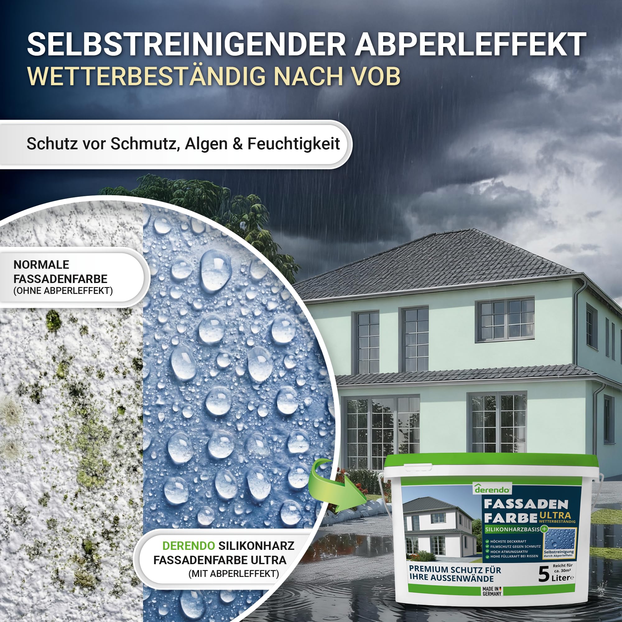derendo Fassadenfarbe Grün ULTRA Silikonharzfarbe Salbeigrün aussen 5l | Für Putz Beton, Abperleffekt, wasserabweisend, UV-beständig, hohe Deckkraft, rissfüllend, diffusionsoffen, Made in Germany,