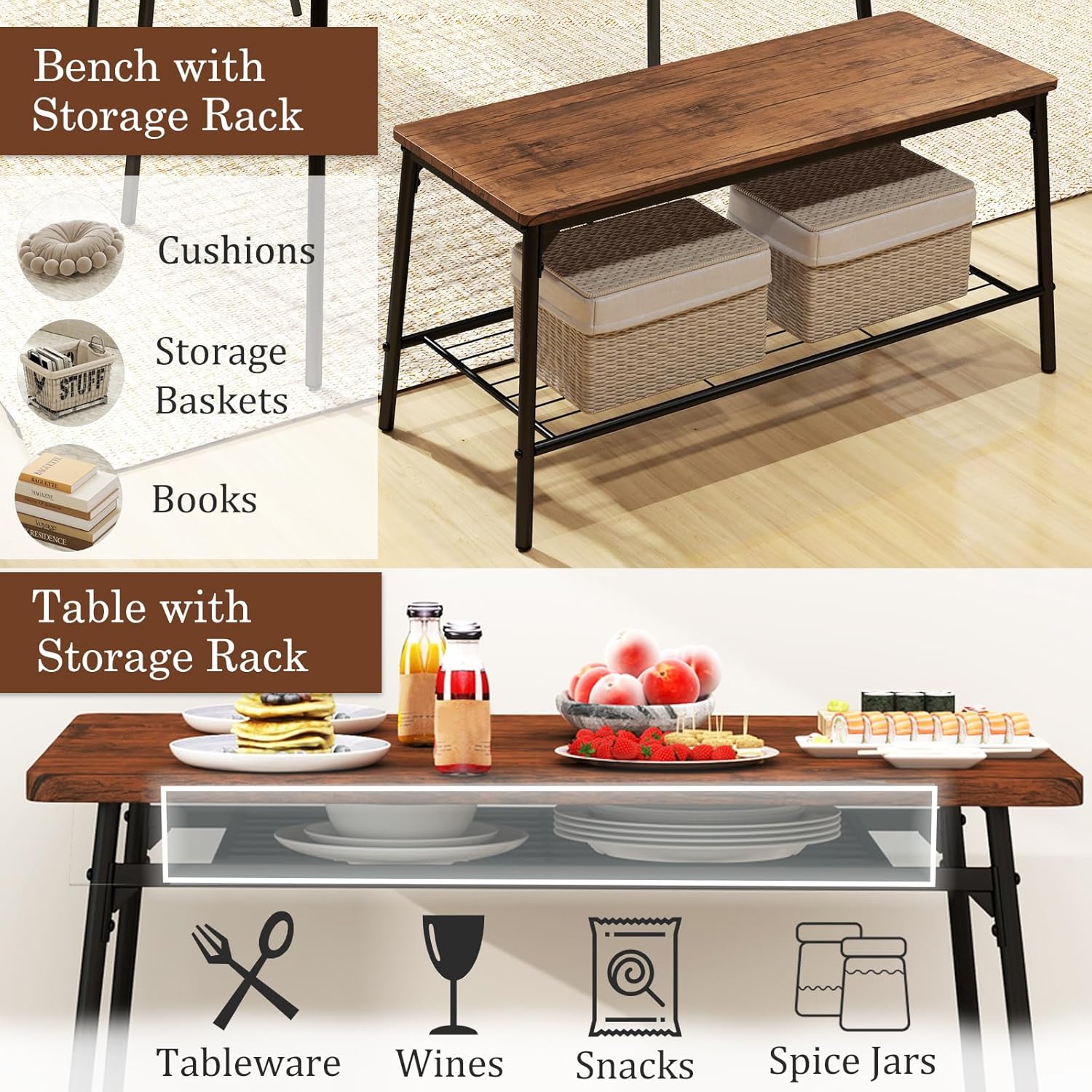 Giantex Dining Table Set for 4, Kitchen Table with Bench & 2 Chairs, Storage & Metal Frame, Space-Saving Breakfast Nook Table Set, 4-Piece Dinette Set for Living Room Small Places Apartment