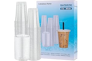 100 Sets 12 Oz Plastic Cups with Lids, PET Crystal Clear Cups
