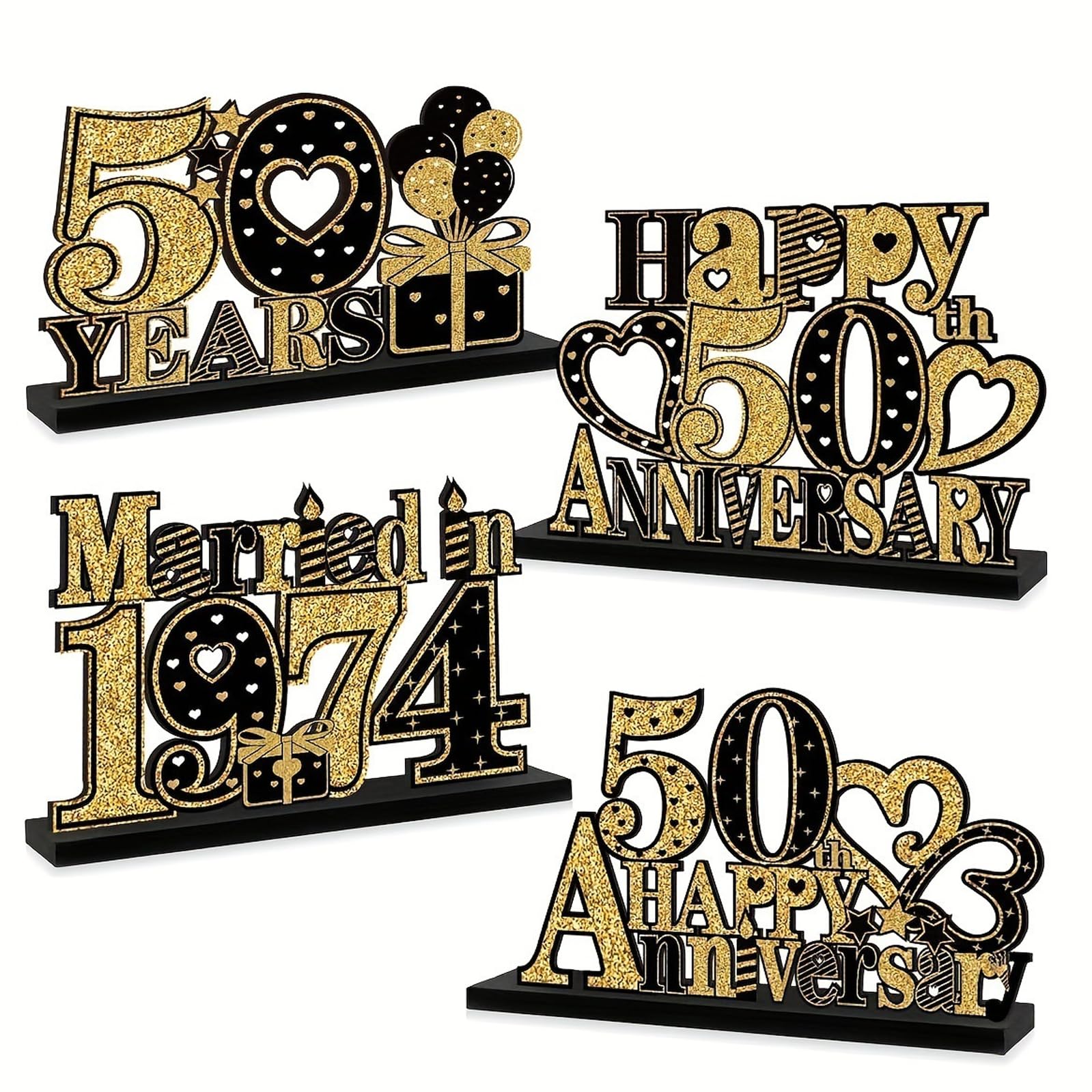 Yunvisty Women's Black And Gold 4Pcs Party Decorations 50Th Wedding Gift Wooden Table Centerpieces Sign Married In 1976 Party Supplies Happy 50 Wedding Anniversary Cheers To 50 Years Table Decorations