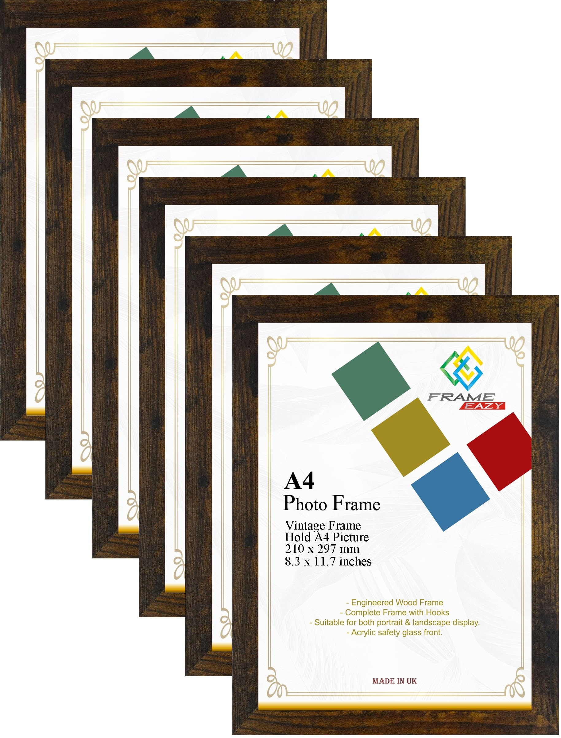 FRAME EAZY Vintage Modern A4 Photo Frame Multipack of 6 in Size 29.7 x 21cm Picture Frames - A4 Certificate Frame - Vintage Frame with Clear Perspex Sheet & Wall Mounted Hooks - Box of 6