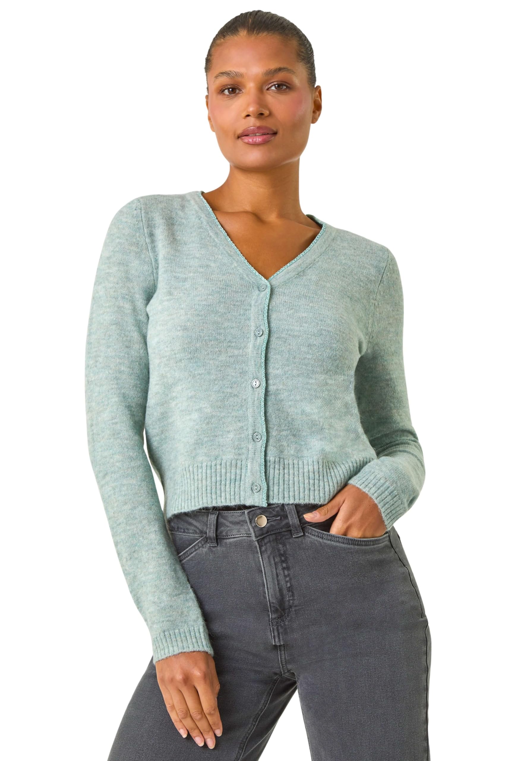 Roman Women's Sage Shimmer V-Neck Ribbed Cardigan