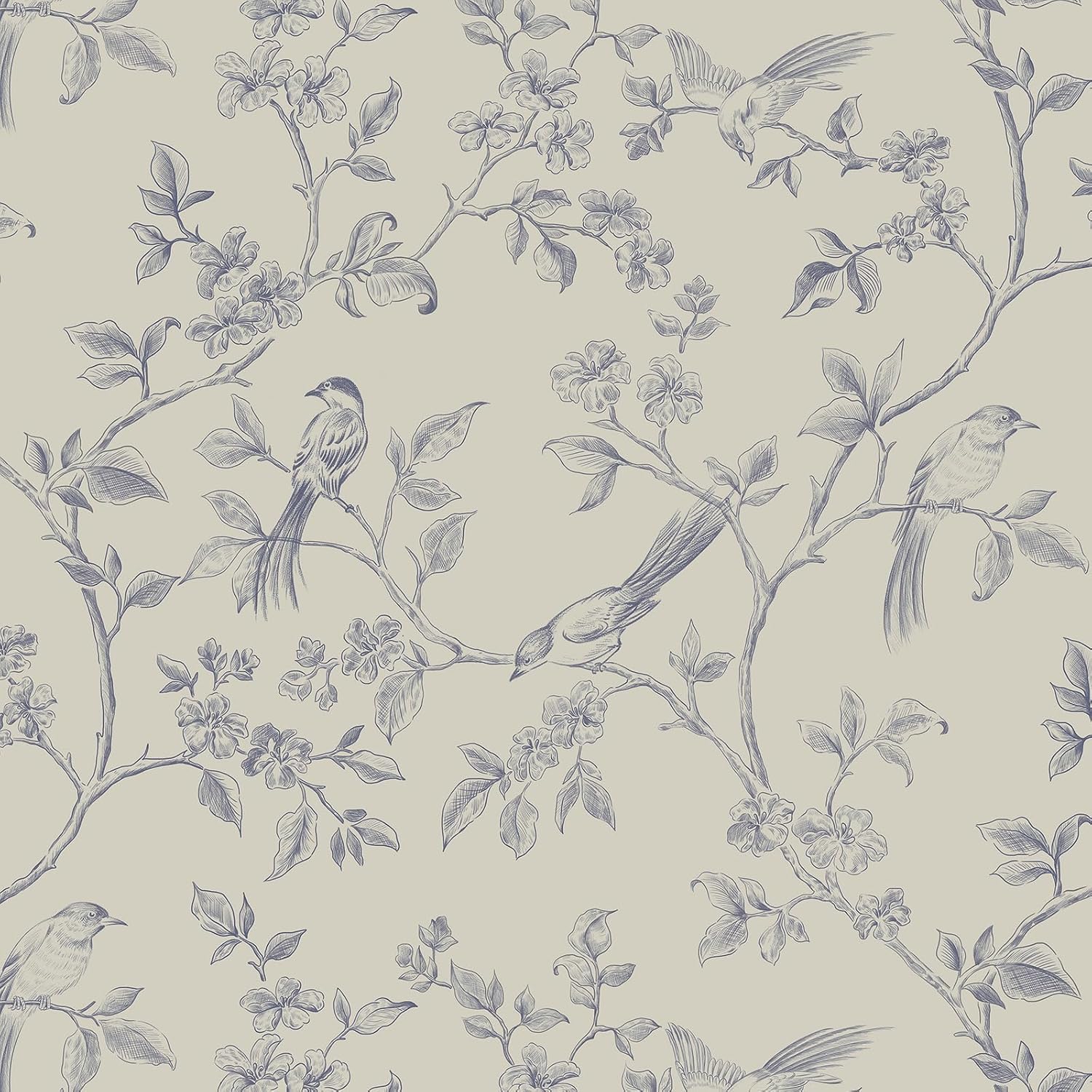 Yomshi Self Adhesive Wallpaper Beige and Blue Peel and Stick Wallpaper Bird Floral Pattern Vinyl Film 44 x 1000 CM Contact Paper Retro Style Sticky Back Plastic for Bedroom Living Room Bathroom — image 1