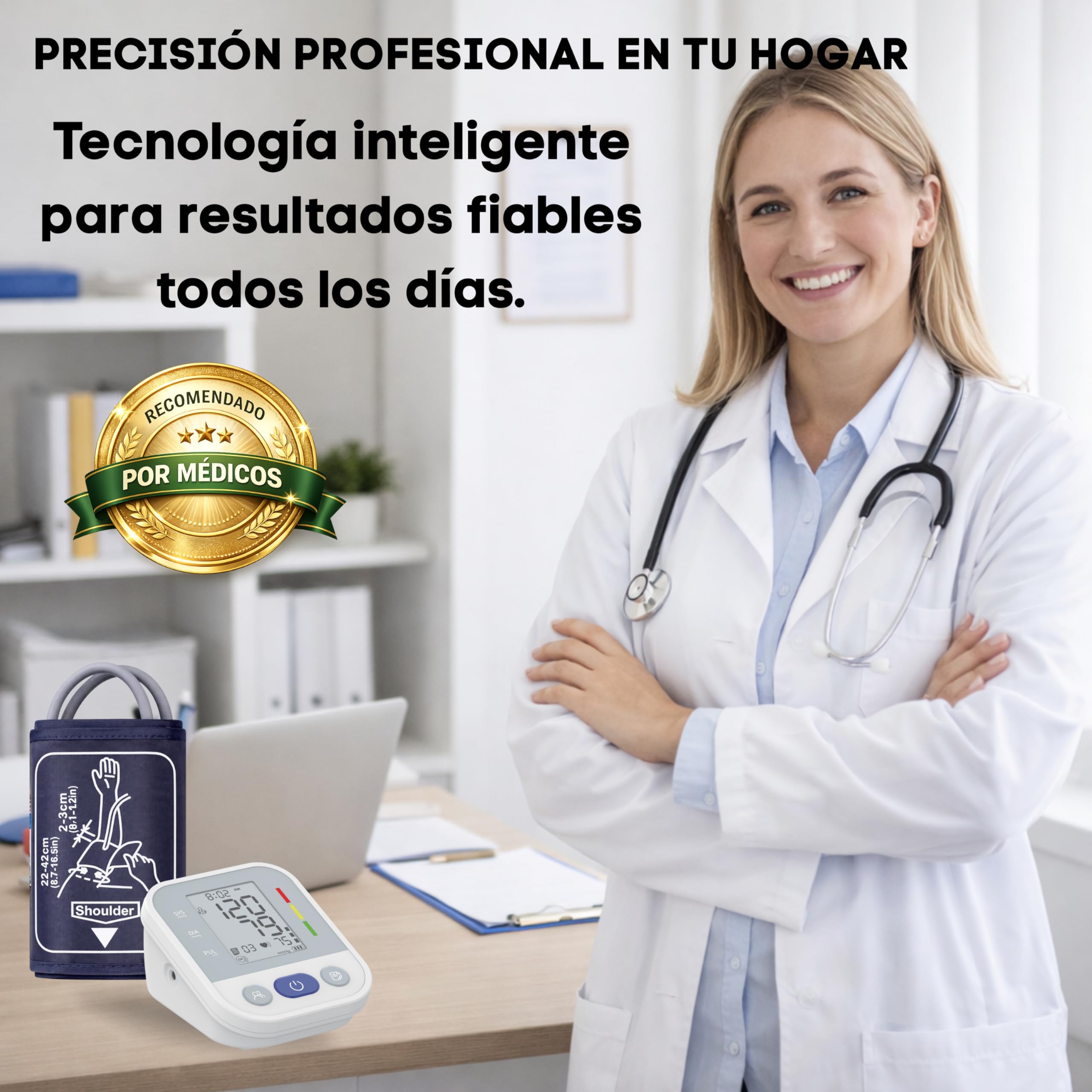 Tensiómetro de brazo Monitor de Presión Arterial Digital Detección de Arritmia, Medición Precisa, Memoria hasta 99 lecturas, Brazalete Ajustable 22-42cm, para Mayores Familias. Incluye Pilas