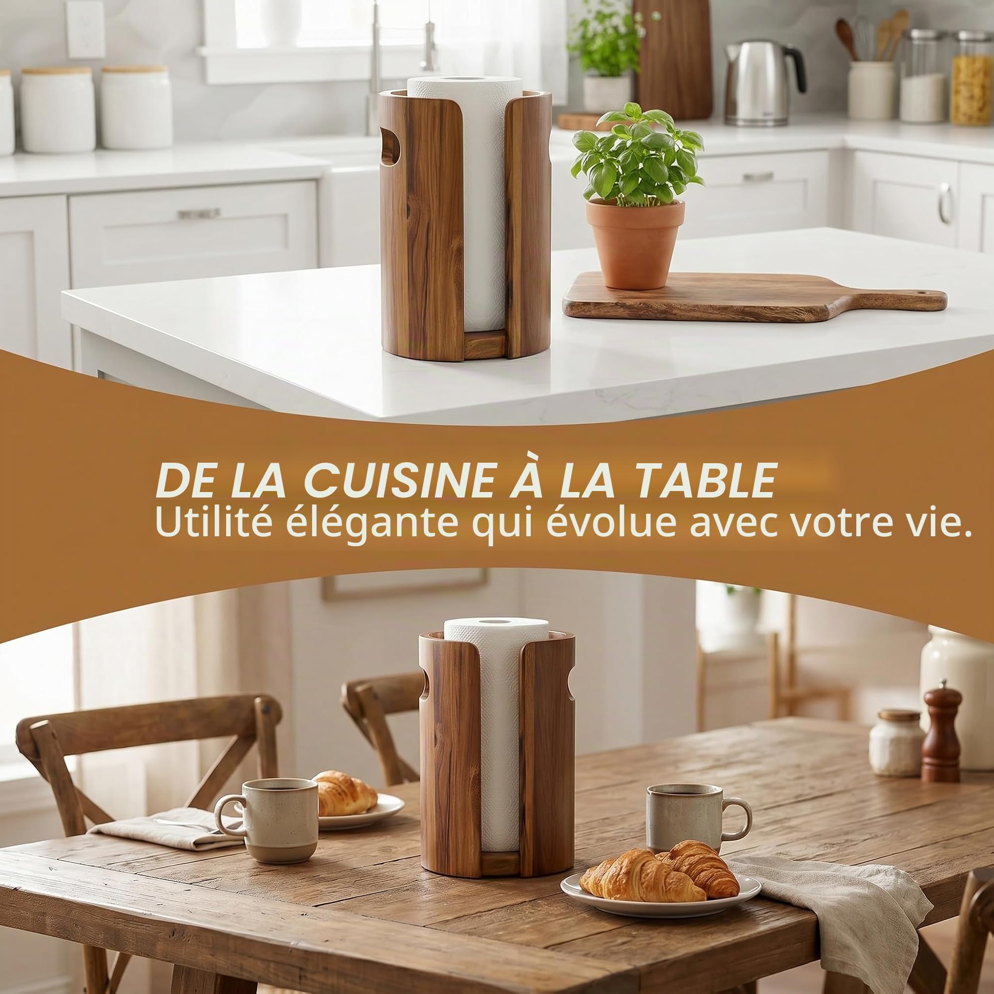 Porte Essuie-Tout en Bois pour Plan de Travail Cuisine, Support Sopalin avec Pare-éclaboussures, Poignées, Base Antidérapante et Lestée – Décor Maison Naturel pour Cuisine, Salle de Bains, Appartemen