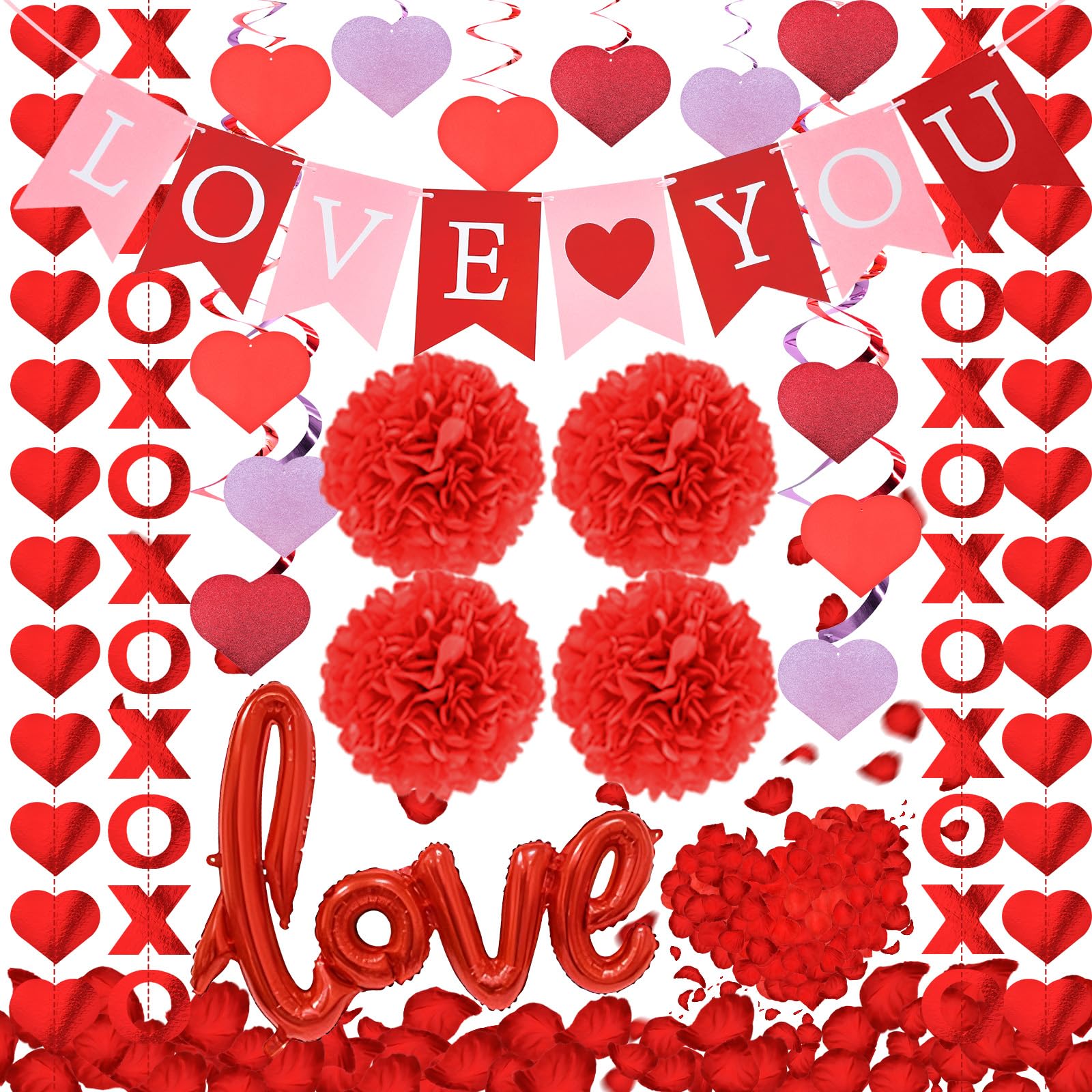 Valentines Day Party Supplies, LOVE YOU Banner, XO Garlands, Rose Petals, Tissue Pom Poms, Foil Balloon for Bedroom, Engagement, Anniversary, Wedding
