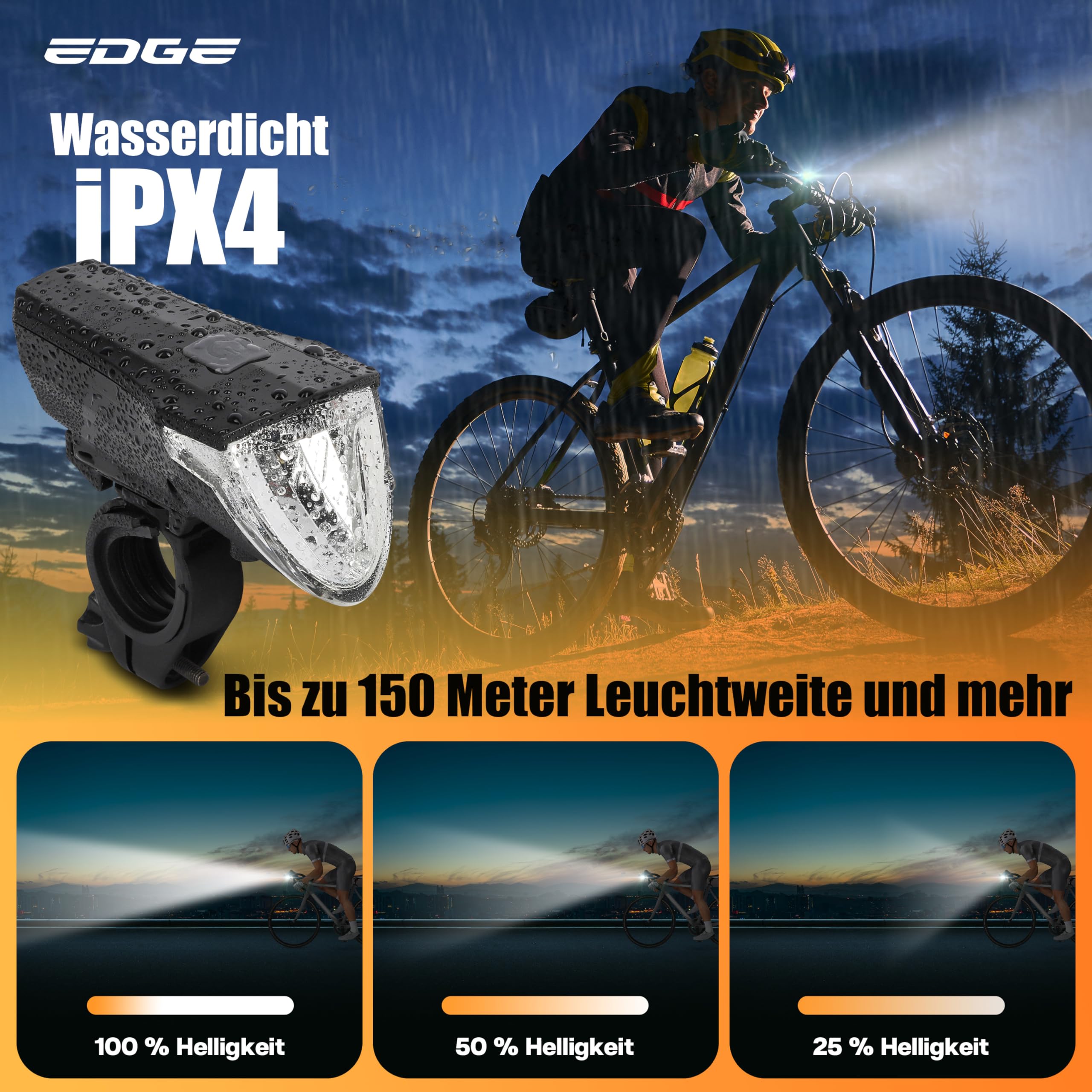 Edge Razor 60 Lux – Set di luci per bicicletta – Batteria per bicicletta con luce posteriore – Omologato StVZO, ricarica USB, funzione luce freno – Resistente agli spruzzi d'acqua IPX4 – Lampada da