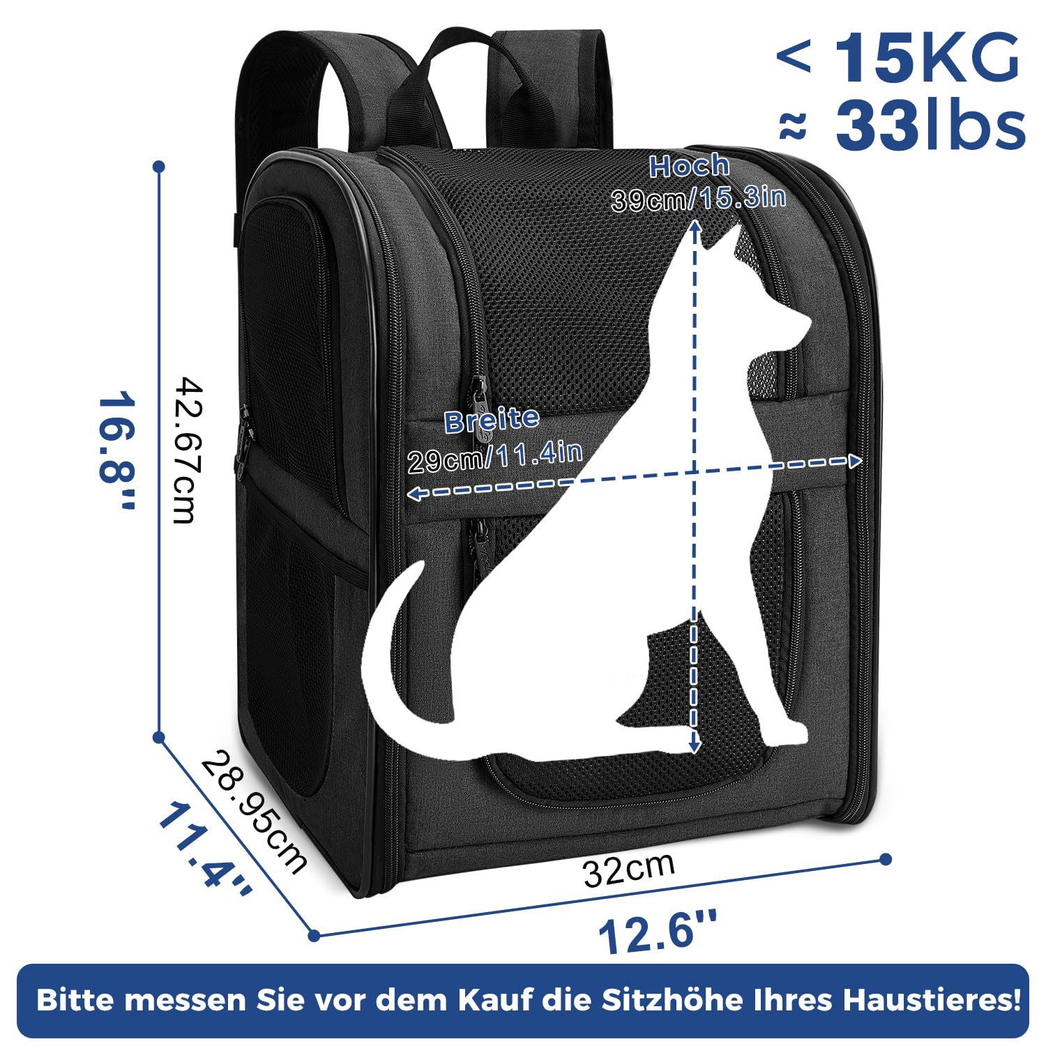 apollo walker HundeRucksack und KatzenRucksack für Kleine Haustiere(Belastbarkeit 2-15kg) - Gepolsterter Rückenstütze Hundetasche Atmungsaktiver Netz-Tierrucksack für Wandern, Reisen, Schwarz