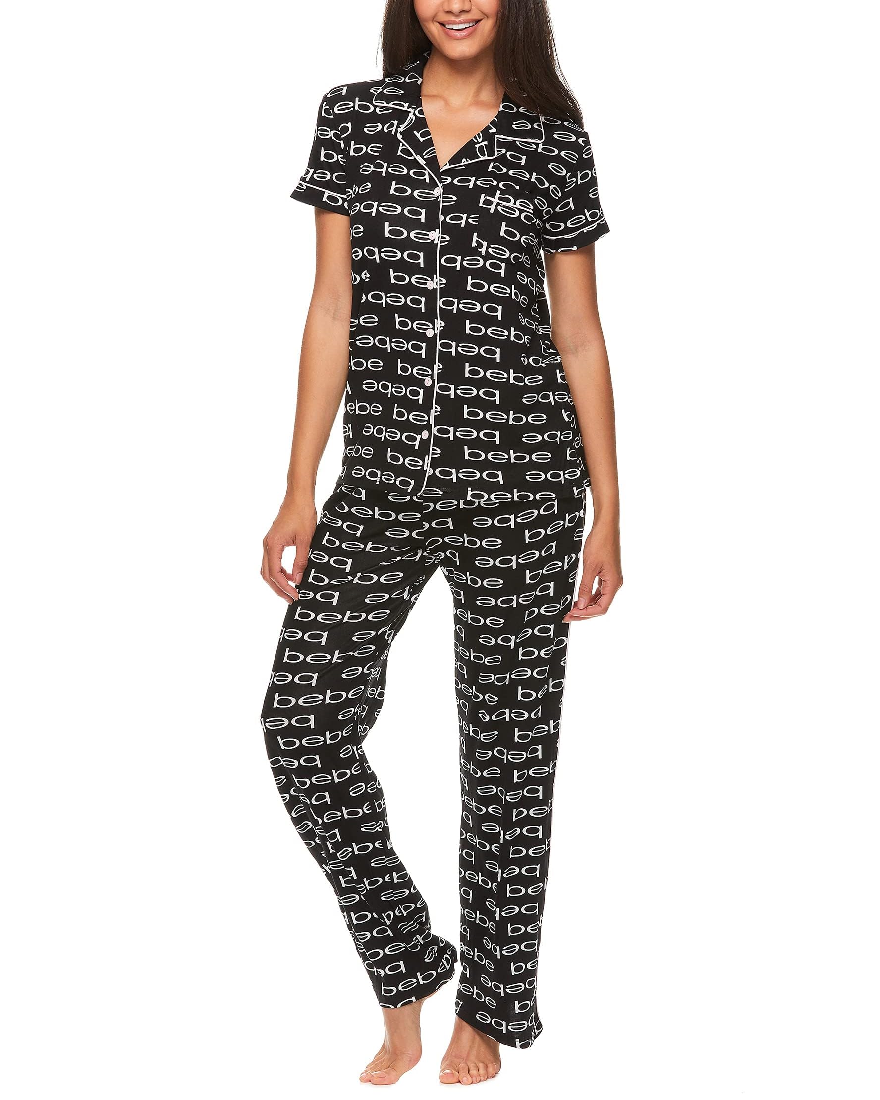 bebe Womens 2 Piece Short Sleeve Button Down Shirt and Long Pants Bridesmaid Pajamas Set Black Large