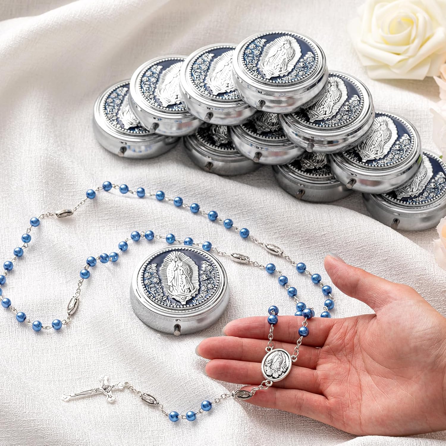 Jadive Catholic Rosary Necklace 6mm Glass Pearl Beaded Necklace with Metal Gift Box for Women Men Prayer Gift