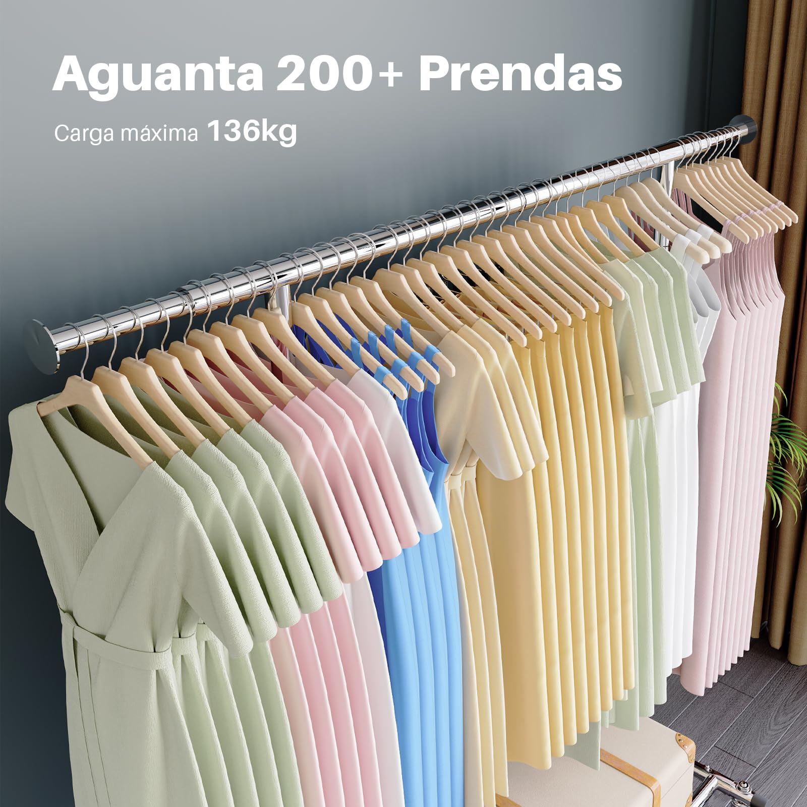 HOKEEPER Burro de Ropa Resistente 136kg, Barra Extensible con Ruedas Bloqueables, Ahorra Espacio para Dormitorio, Apartamento, Lavandería