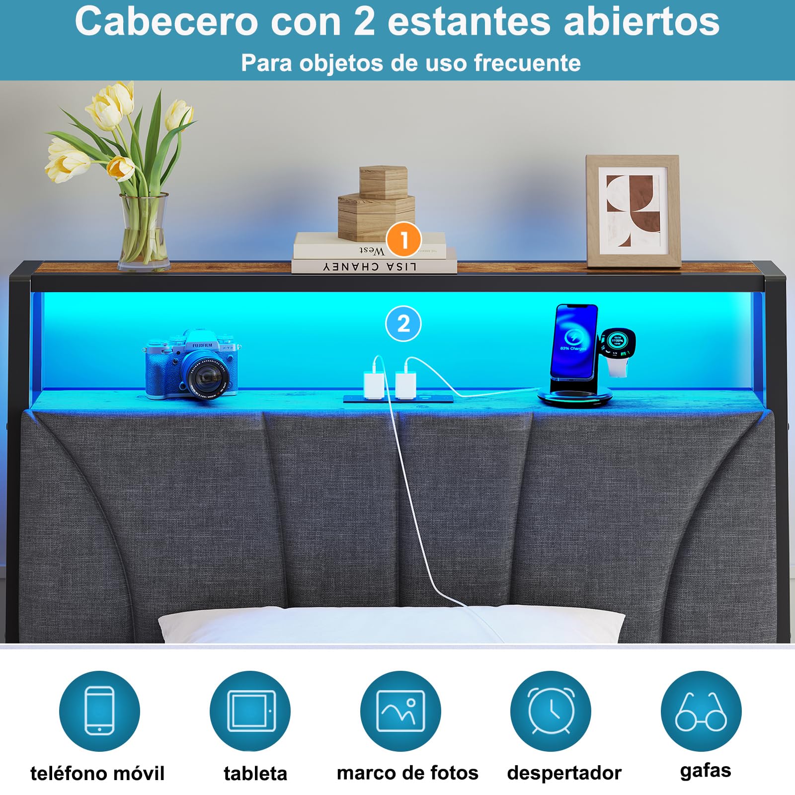 Brinlawb Cama 90x200 cm con regleta de enchufes integrada (2 Tomas de Corriente AC y 2 Puertos USB) Tira de luz LED, Somier 90 x 200 cm, Cama Individual con Estructura de Metal y cabecero. Gris