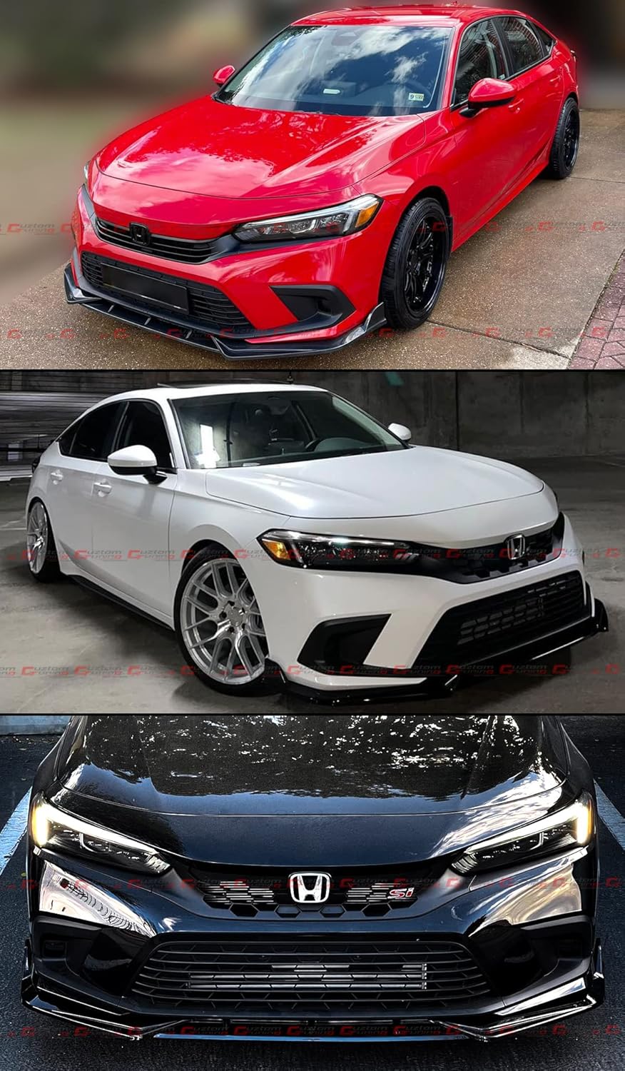 JDM 3PC Style Painted Gloss Black Pearl Front Bumper Lip Splitter Kit Compatible for 2022-2024 Honda Civic EX LX Si Touring Sport Hatchback Sedan All Models