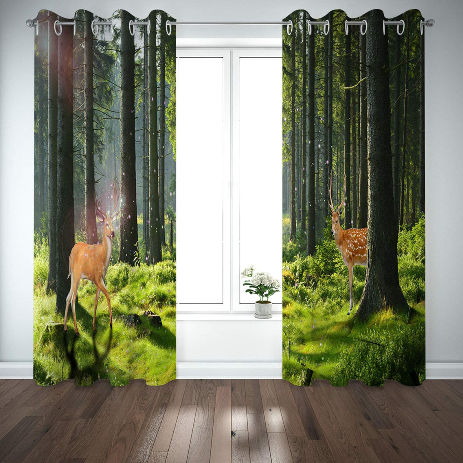 Daesar Zasłona poliestrowa 112 x 183 cm obróbka okna zasłony zaciemniające las i jelenie zasłony okienne do sypialni zielone brązowe zasłony do salonu zestaw 2 paneli