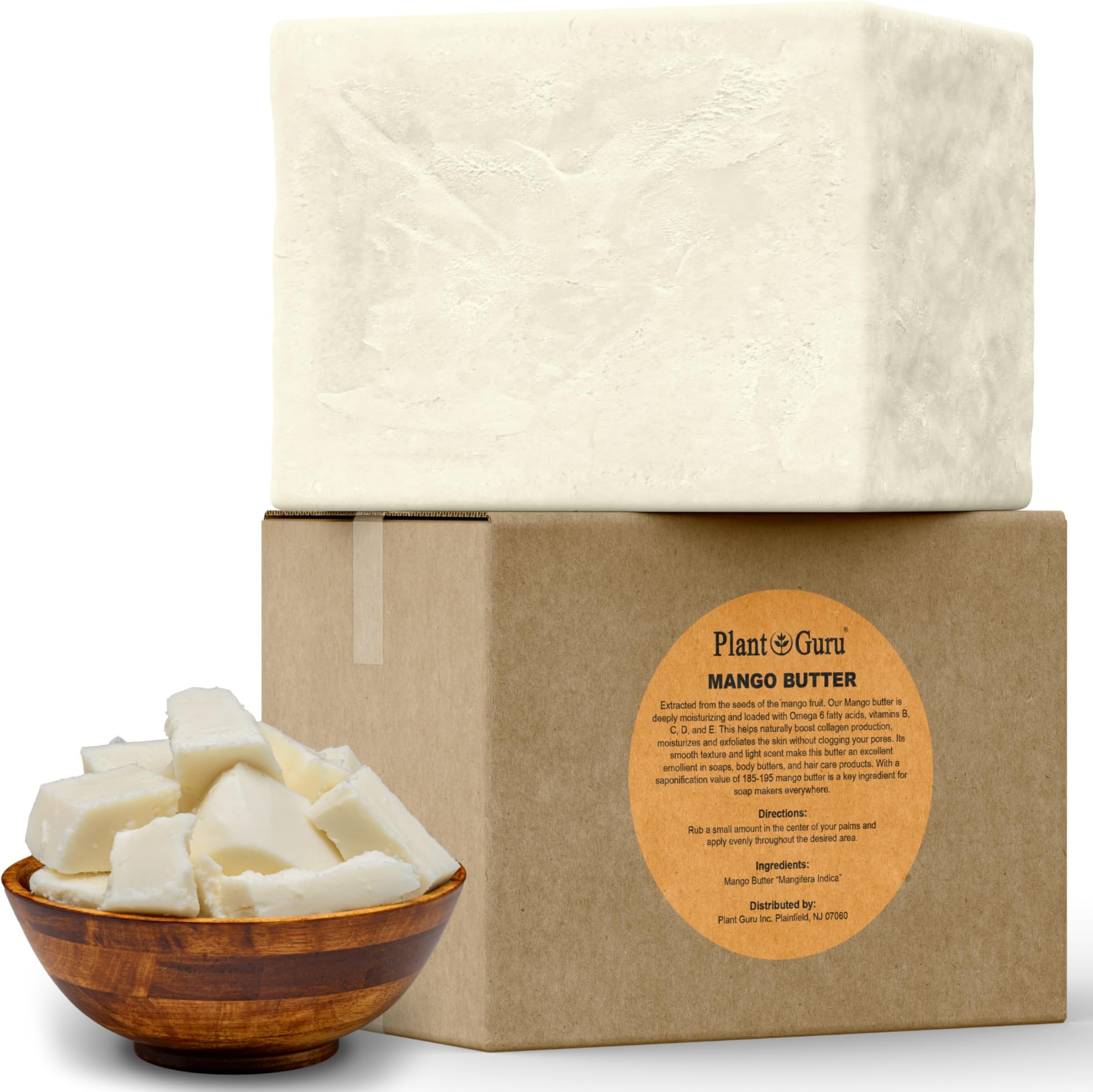 Plant Guru Raw Mango Butter 5 lbs. Bulk 100% Pure Natural Unrefined - Great for Skin, and Hair Growth. DIY Soap Making, Body Butters, Lotions and Creams.