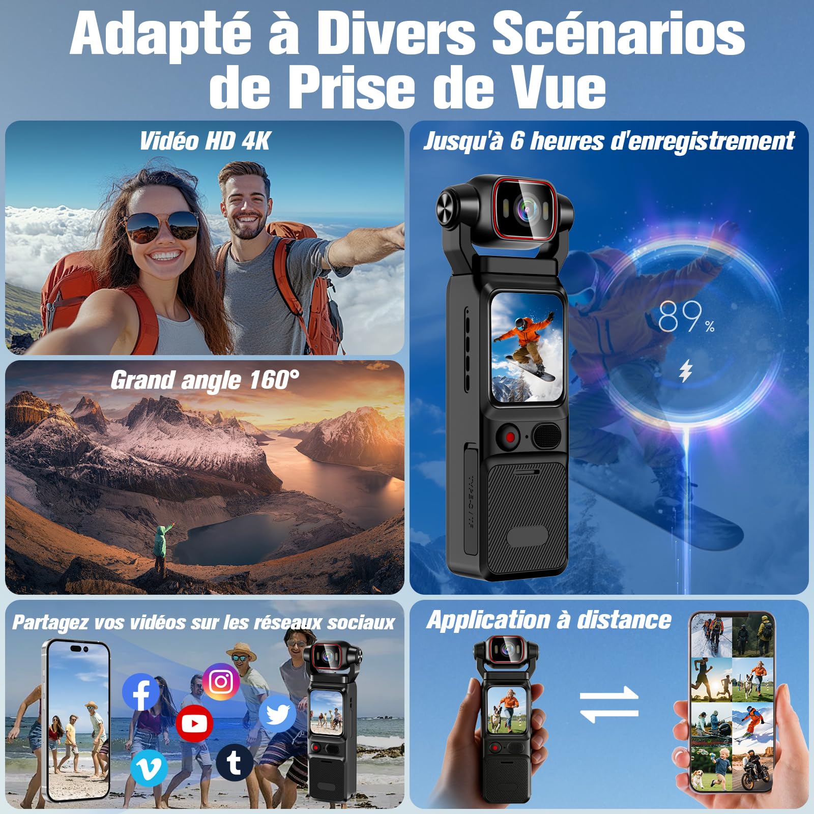 Caméra d'action WiFi 4K, Caméra Vidéo Sportive 160°, Caméra Portable de Poche avec Objectif Rotatif à 180° et Écran Tactile de 1,69 Pouces, Caméra Vidéo Numérique pour Vlog de Voyage