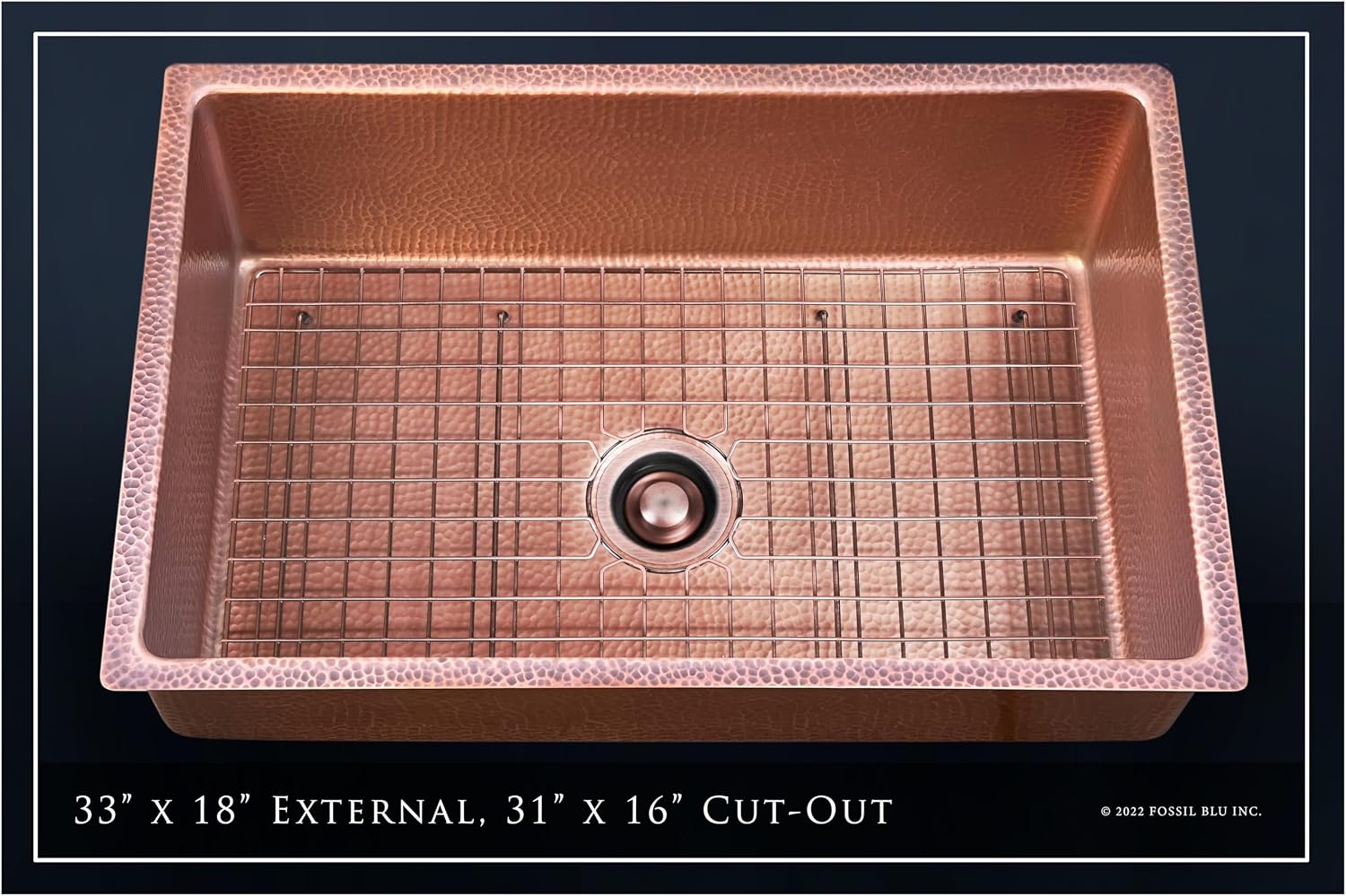 Luxury 33" Heavy 12-Gauge Hammered Copper Undermount/Drop-In Kitchen Sink, Includes Antique Copper Grid, Flange, Medium Patina, FSW1116