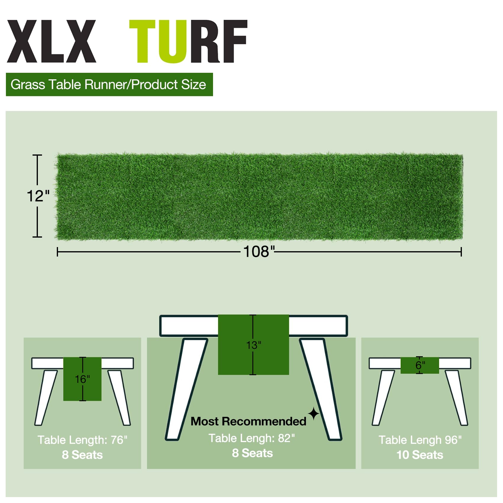 XLX TURF Camino de mesa de césped artificial de 12 x 108 pulgadas, plantas sintéticas verdes, centro de mesa, decoración de boda, fiesta, baby shower