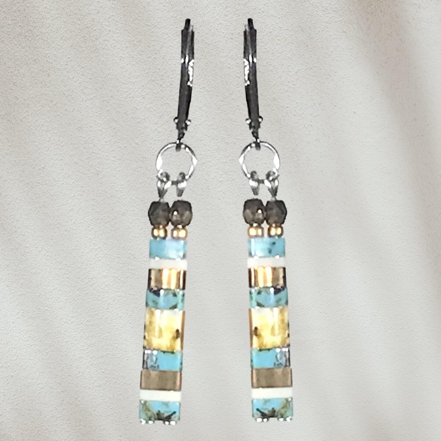 CariCat Designs Art Deco Beachy Handmade Unique Turquoise and Vintage White Miyuki Beads Earrings - French Wire Lever Backs