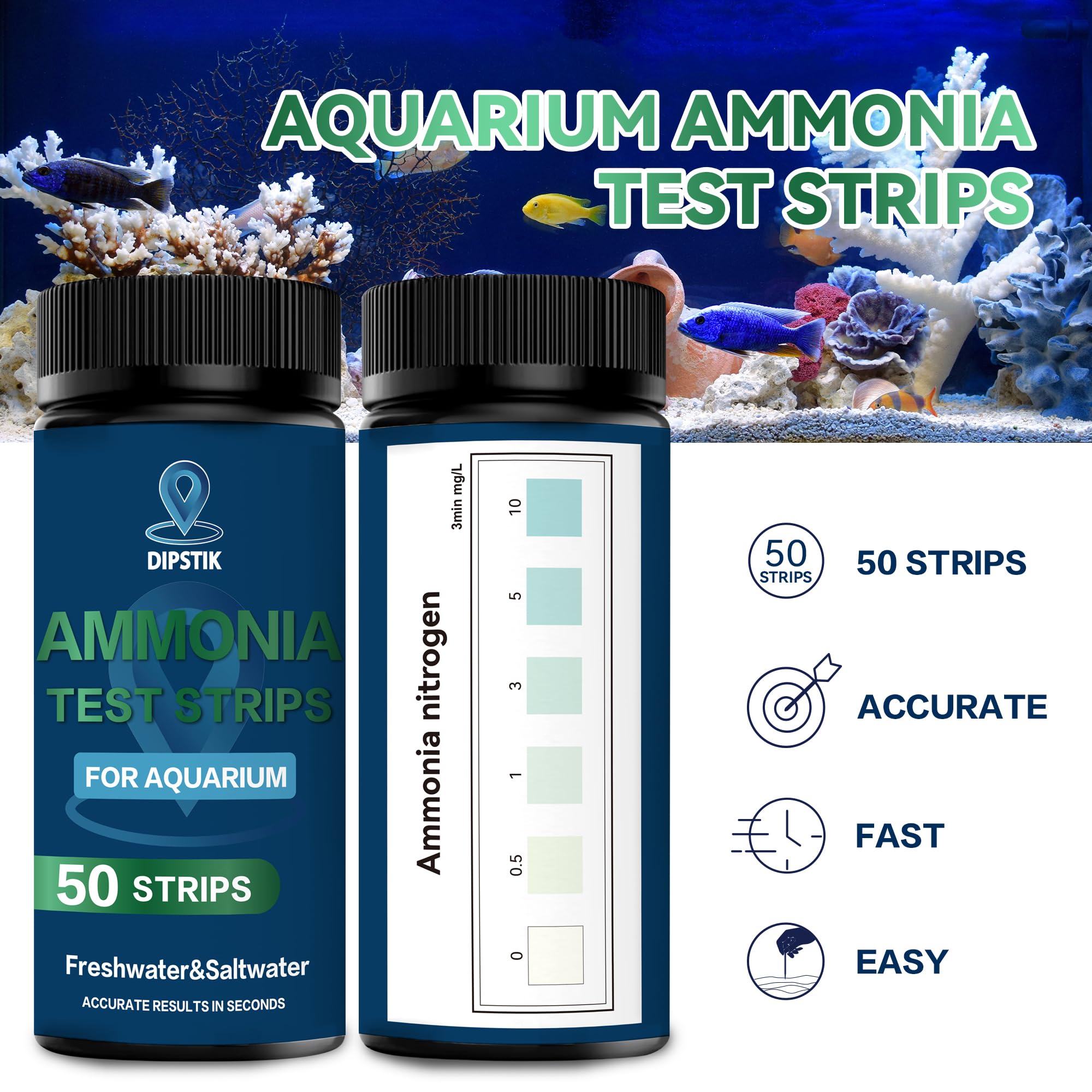 DIPSTIK Strisce reattive per ammoniaca per acquari, Kit per Il Test dell'Acqua di acquari d'Acqua Dolce e salata (50)