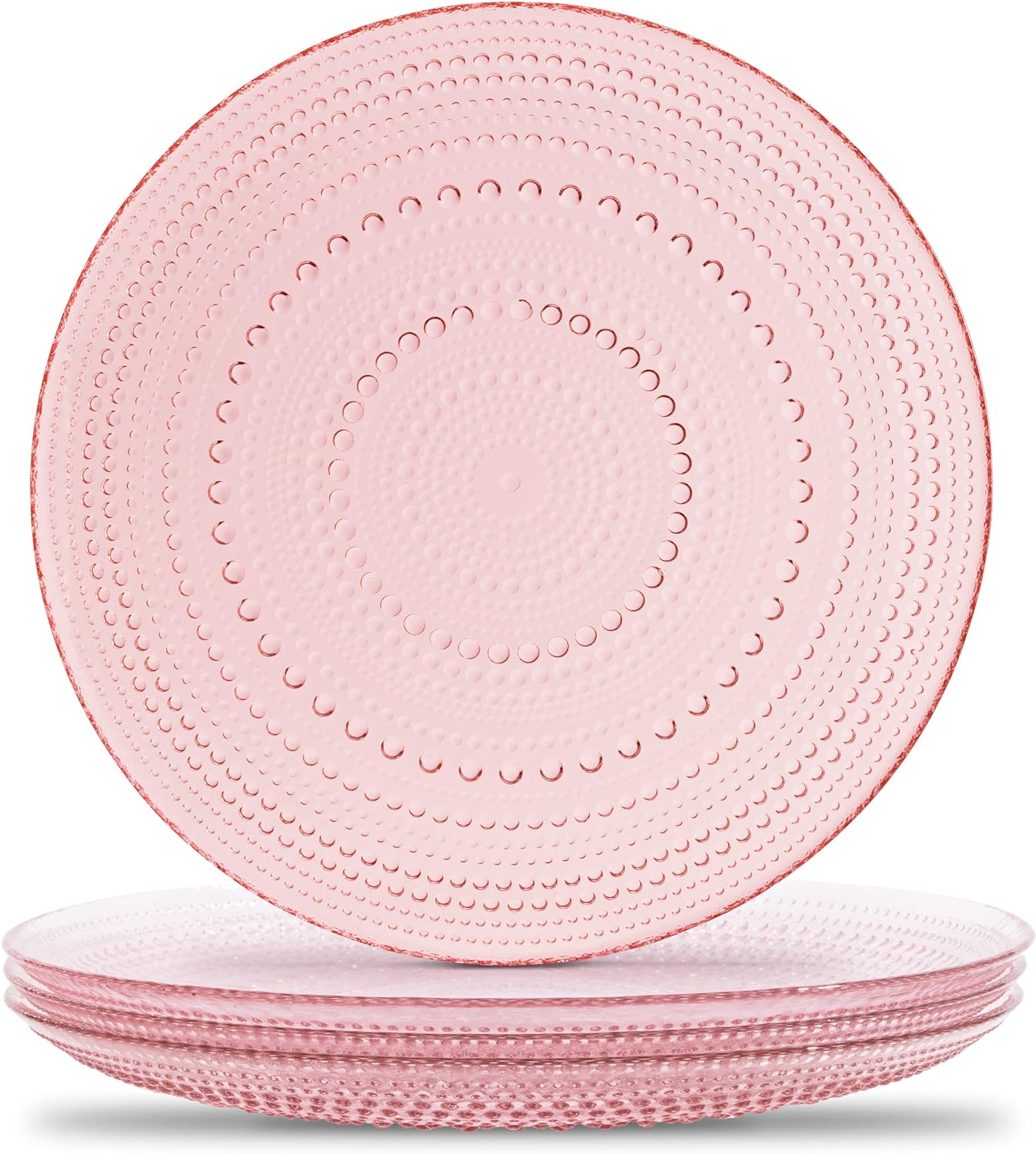 Yungala Pink Hobnail Plates, Set of 4 Glass Vintage 10.5” Dinner Plates that are Dishwasher Safe Pink 10.5inch Dinner Plates , set 6 glasses.