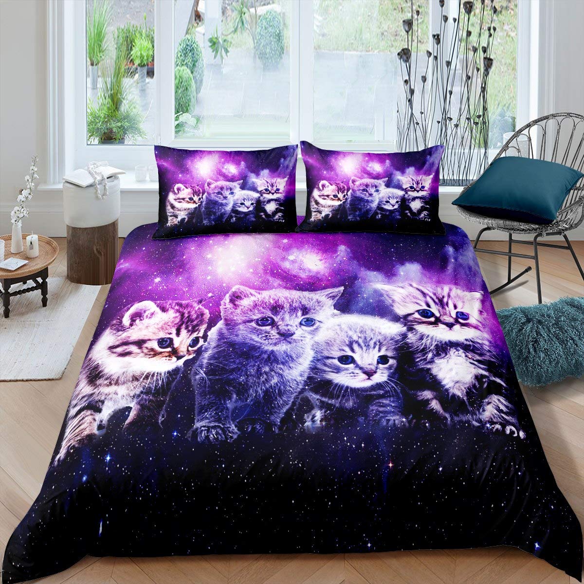 Homemissing Cat Comforter Cover Cute Pet Cats Bedding Set Outer Space Kawaii Kitten Duvet Cover for Children Kids Boys Girls 3D Animal Galaxy Bedding & Linen Room Decor Bedclothes Super King — image 1