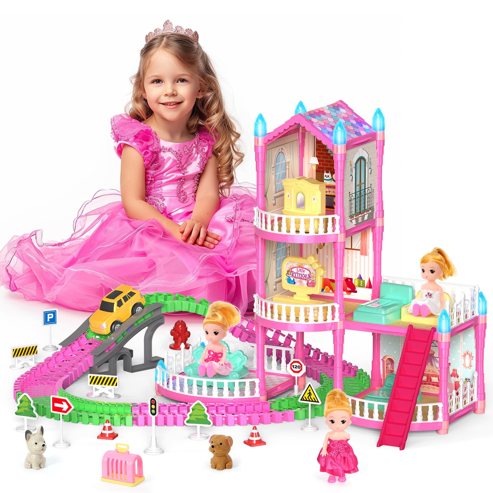 Mastom Dolls House for Girls, Doll Girls Houses with Track Car Toys, Dolls, Pets, Car, Furniture and Accessories, Pink Dream Princess Castle Playset Toy Gifts for Toddler Girls Ages 3 4 5 6 7 8+