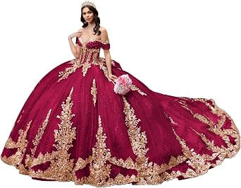 Gold Applique Quinceanera Dresses Off Shoulder Sweet 16 Dresses