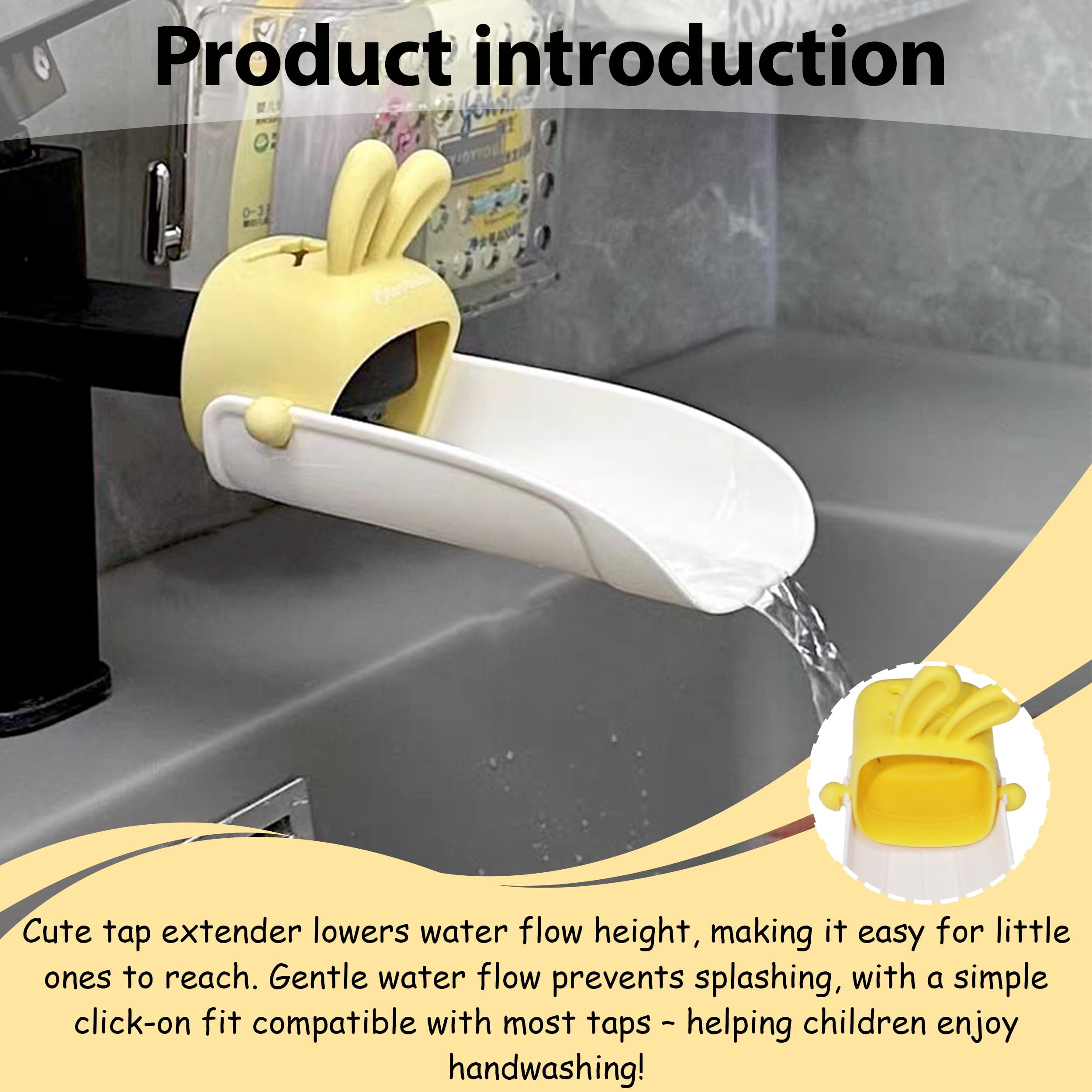 Prolongateur de Robinet Enfant Jaune, Rallonge de Robinet Mignonne avec Oreilles de Lapin en Plastique, Extension pour Lavabo d'Enfants, Facile à Installer pour Cuisine et Salle de Bain