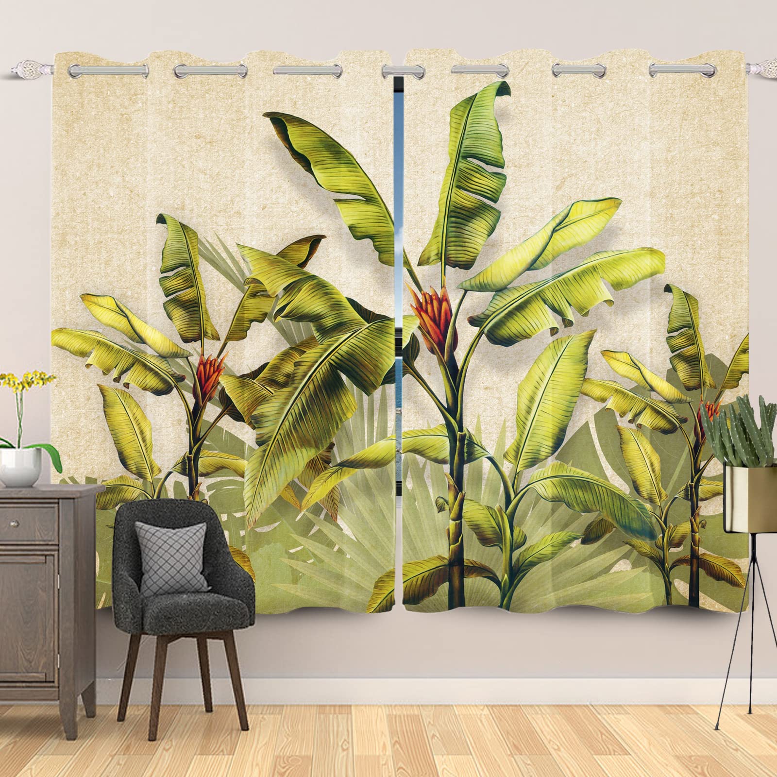 107x160cm Exótico Banana Árbol Cortina de Ventana Tropical Verde Palmera Árbol Sale de Verano Lámina Cortina Opaca Antiguo Cortinas Opacas para Dormitorio Aislamiento Térmico, 2 Paneles