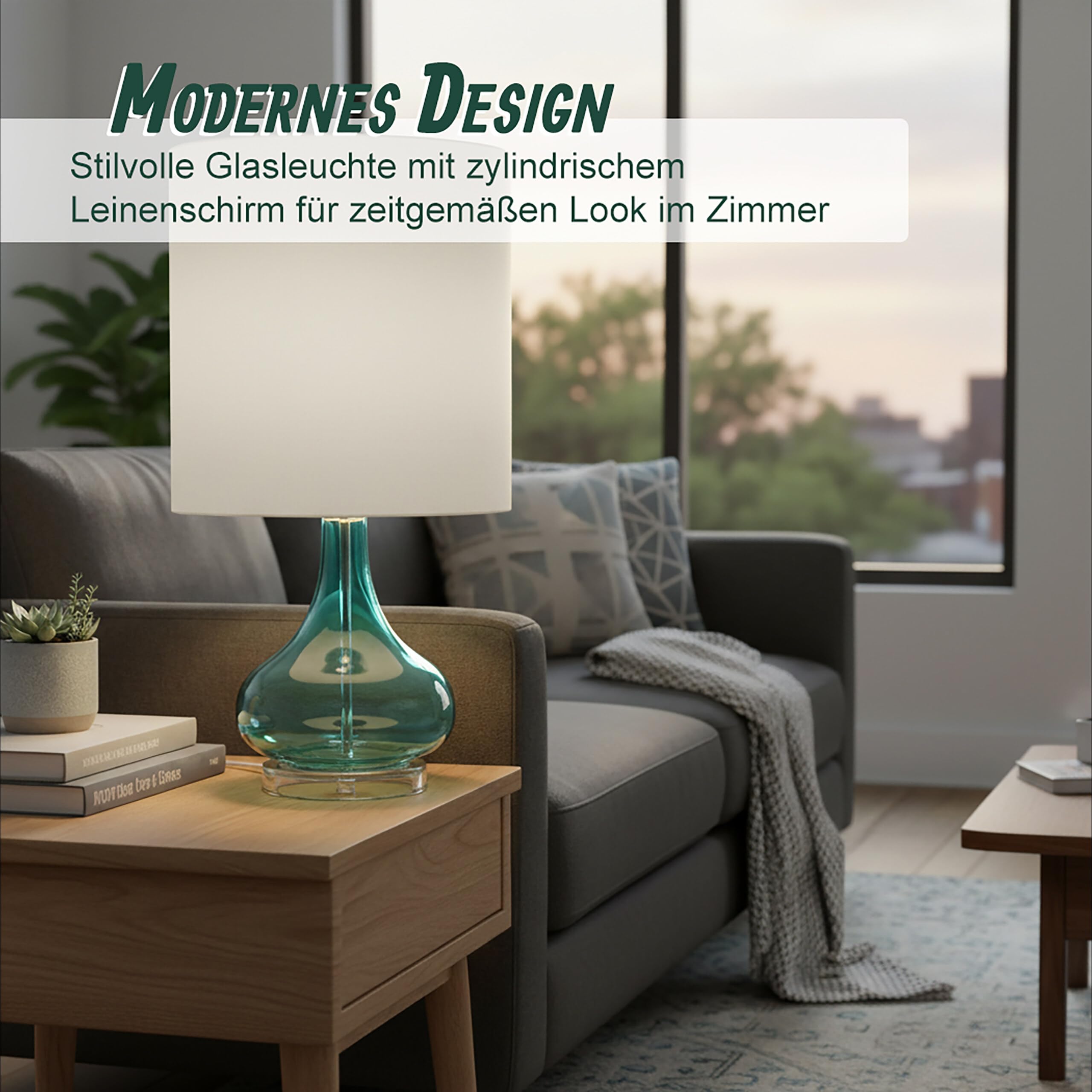 Relaxdays Tischlampe, Glasfuß & Stoffschirm, E27, H x D: 62 x 30,5 cm, Tischleuchte mit Kabel, Wohnzimmer, weiß/blau