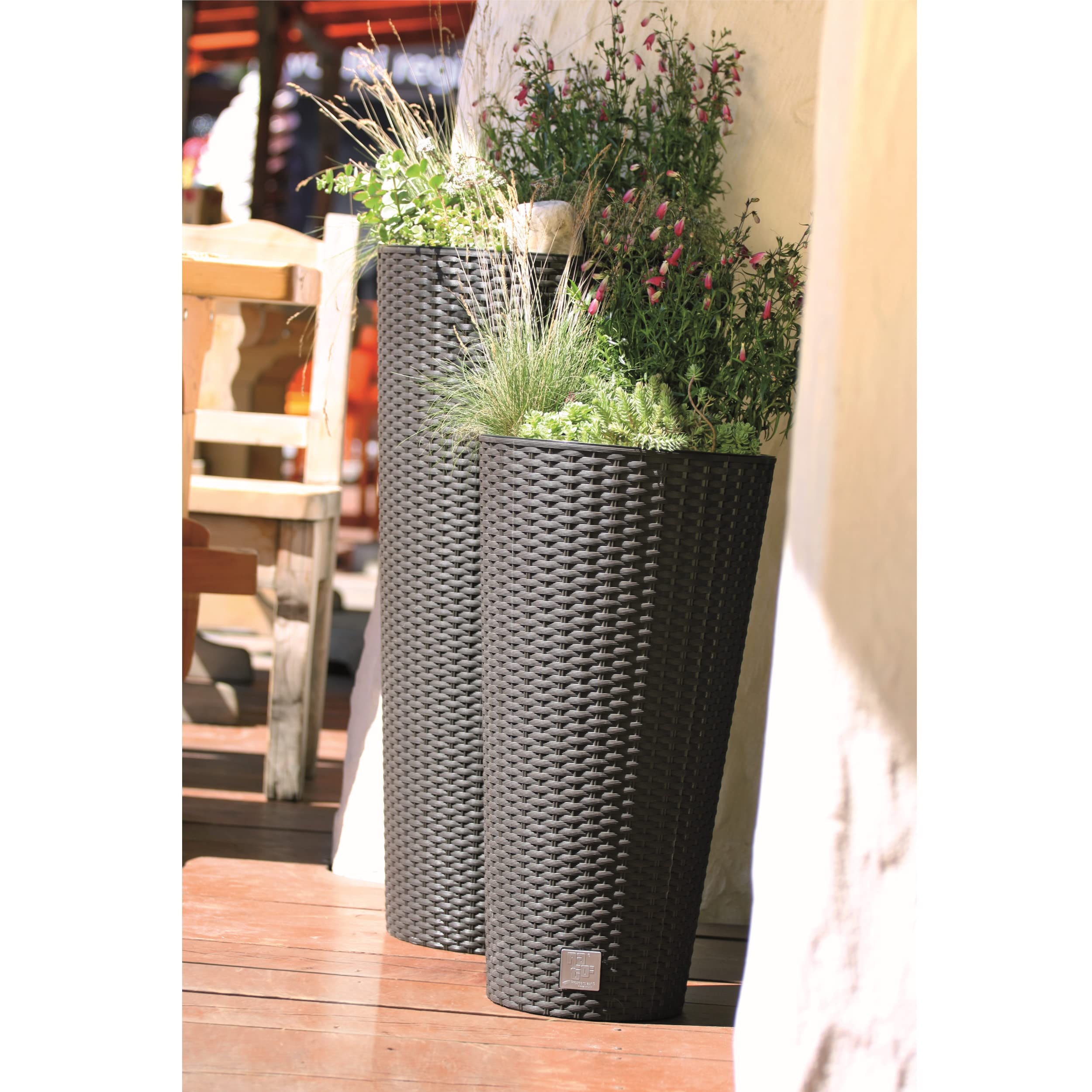 botle 3 vasi da fiori in rattan, diverse misure, altezza 47 + 57 + 76 cm, inserto in plastica con inserto rotondo