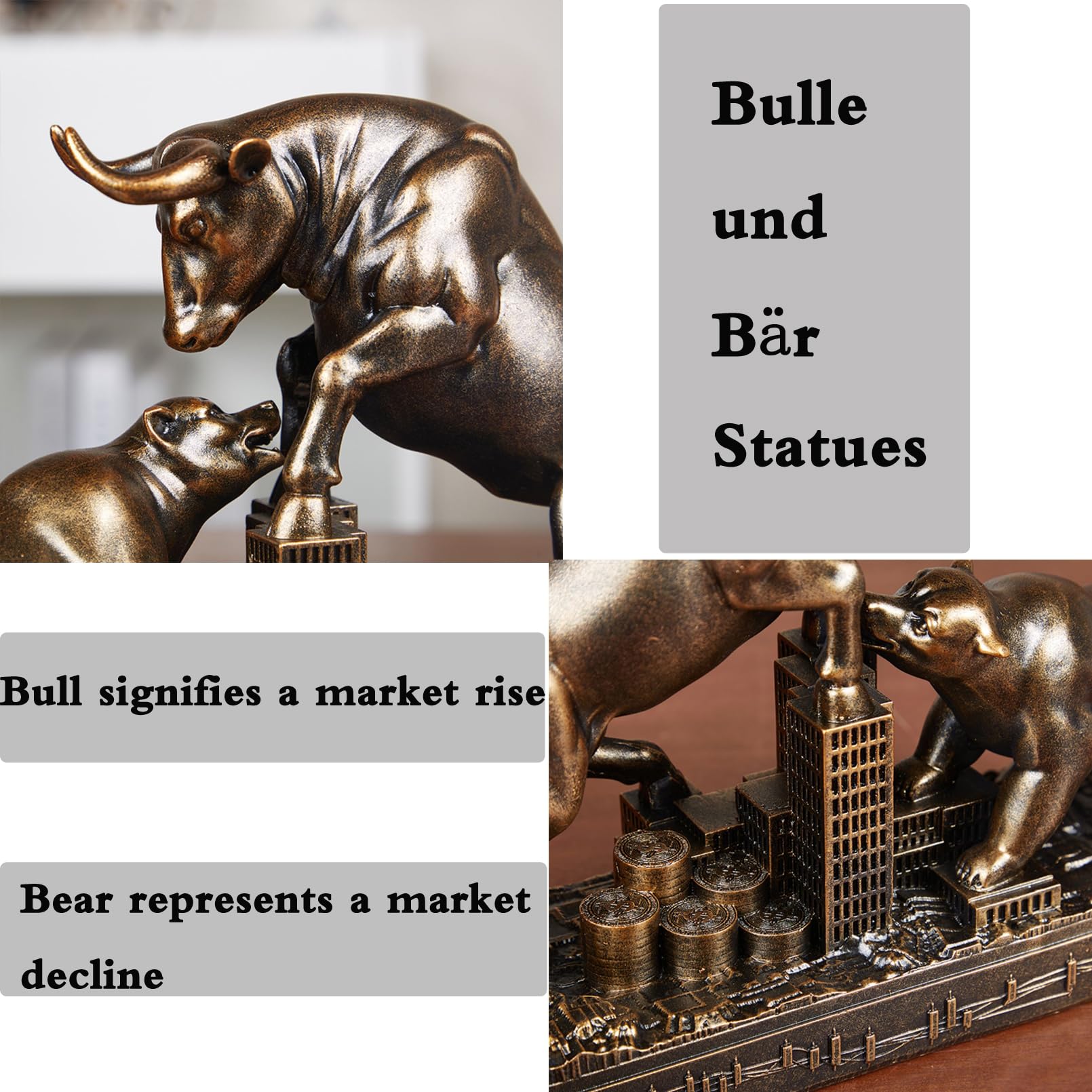 Cutfouwe Wall Street Bulle Und Bär Figuren Harz Statue- deko Figur FüR buro deko- Börsenliebhaber Bull Bear Schlacht Harz Statue