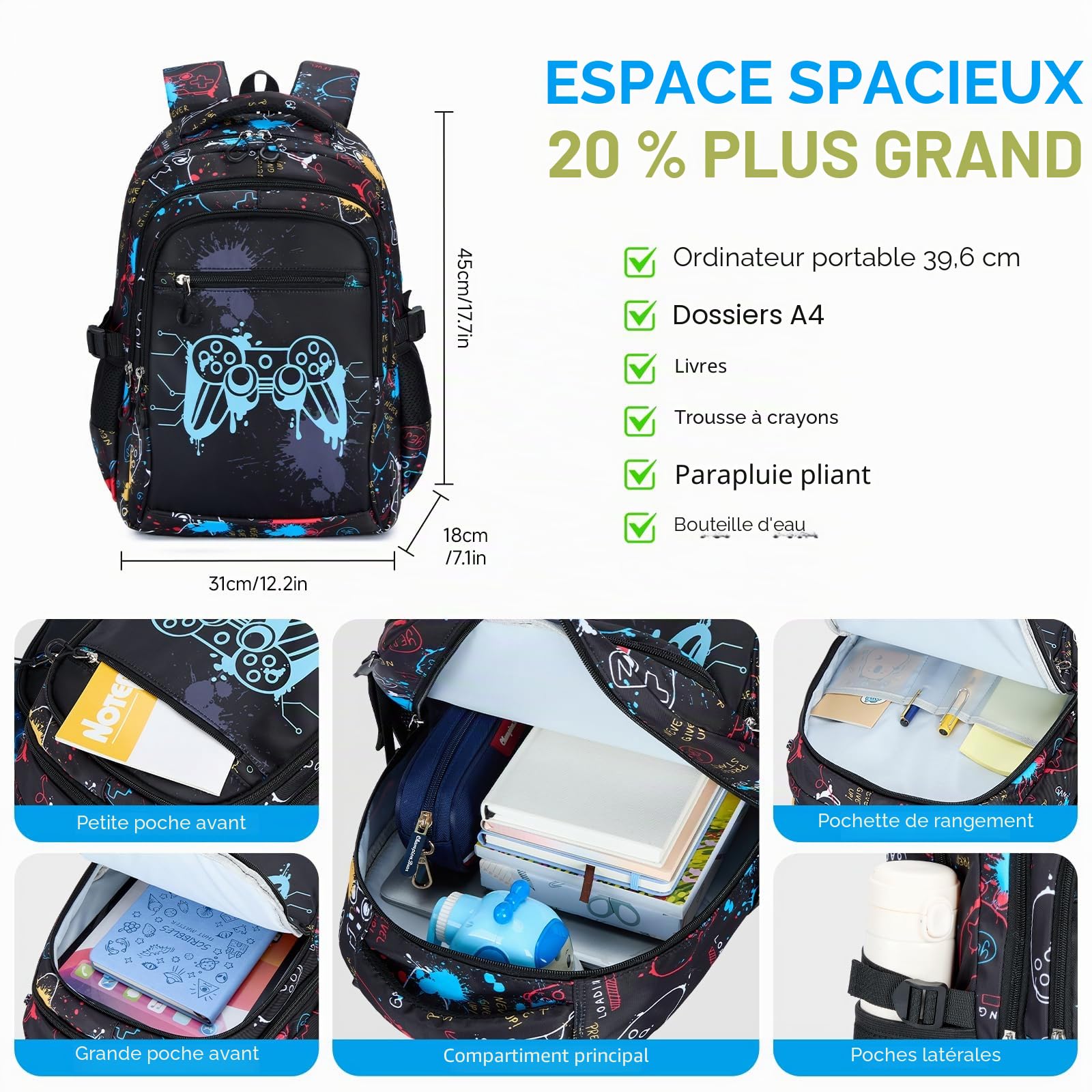 Amythe Cartable Garçon Primaire - Sac à Dos Garçon Collège Lumineux Nocturne avec Compartiment 15.6“ Pc, Ergonomique, Grand Sac D'école Loisirs Imperméable pour Ados 9-16 ans