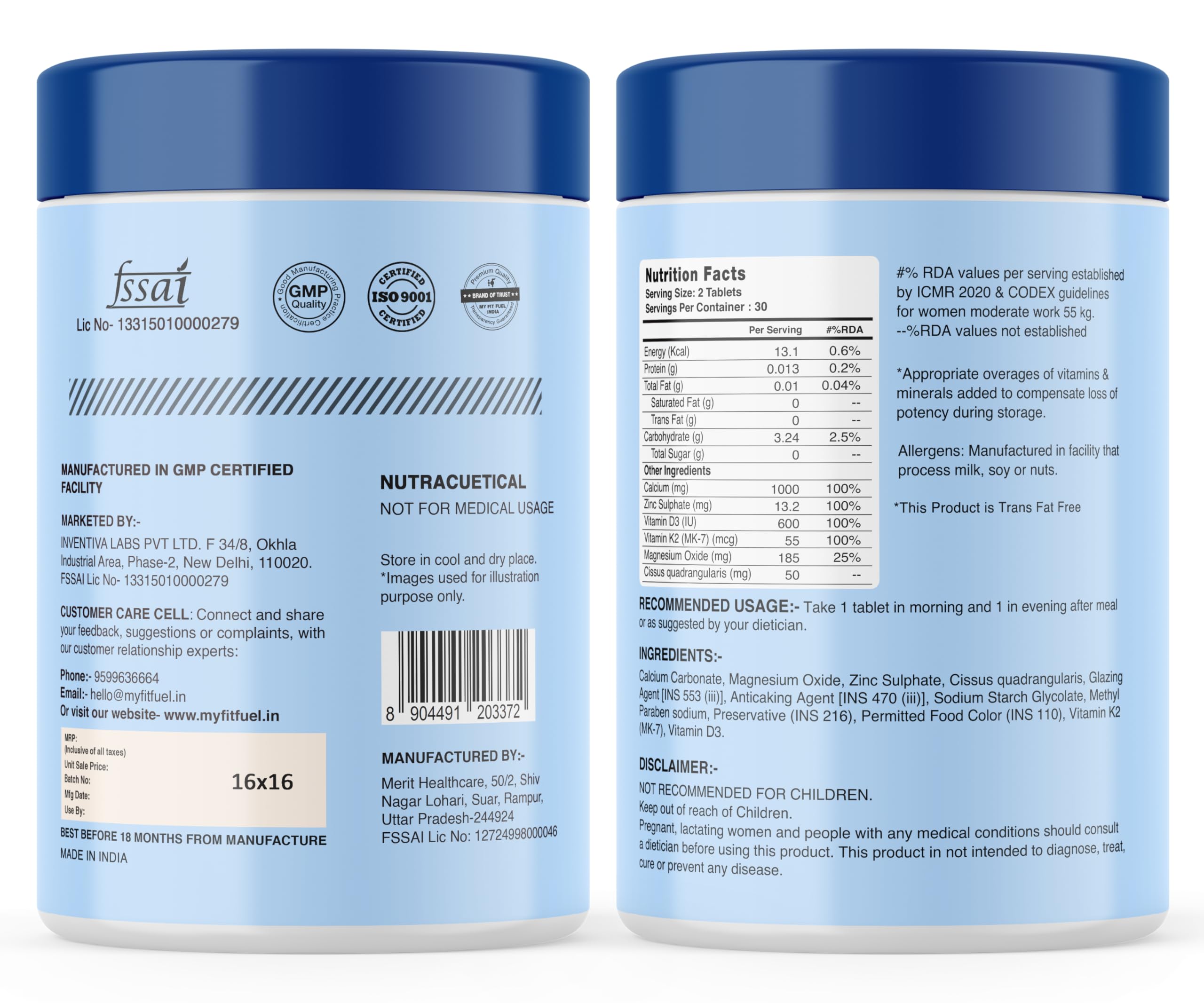 MyFitFuel Calcium & Vitamin D 3, (60 Tablets) + (K2 (MK7), Zinc, Magnesium & Cissus. Calcium For Women & Men 4