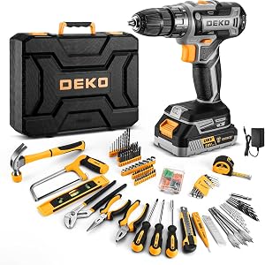 DEKO Complete Tool Box with Drill Driver 20 V Battery, 186 Pieces, Complete Set of Bits