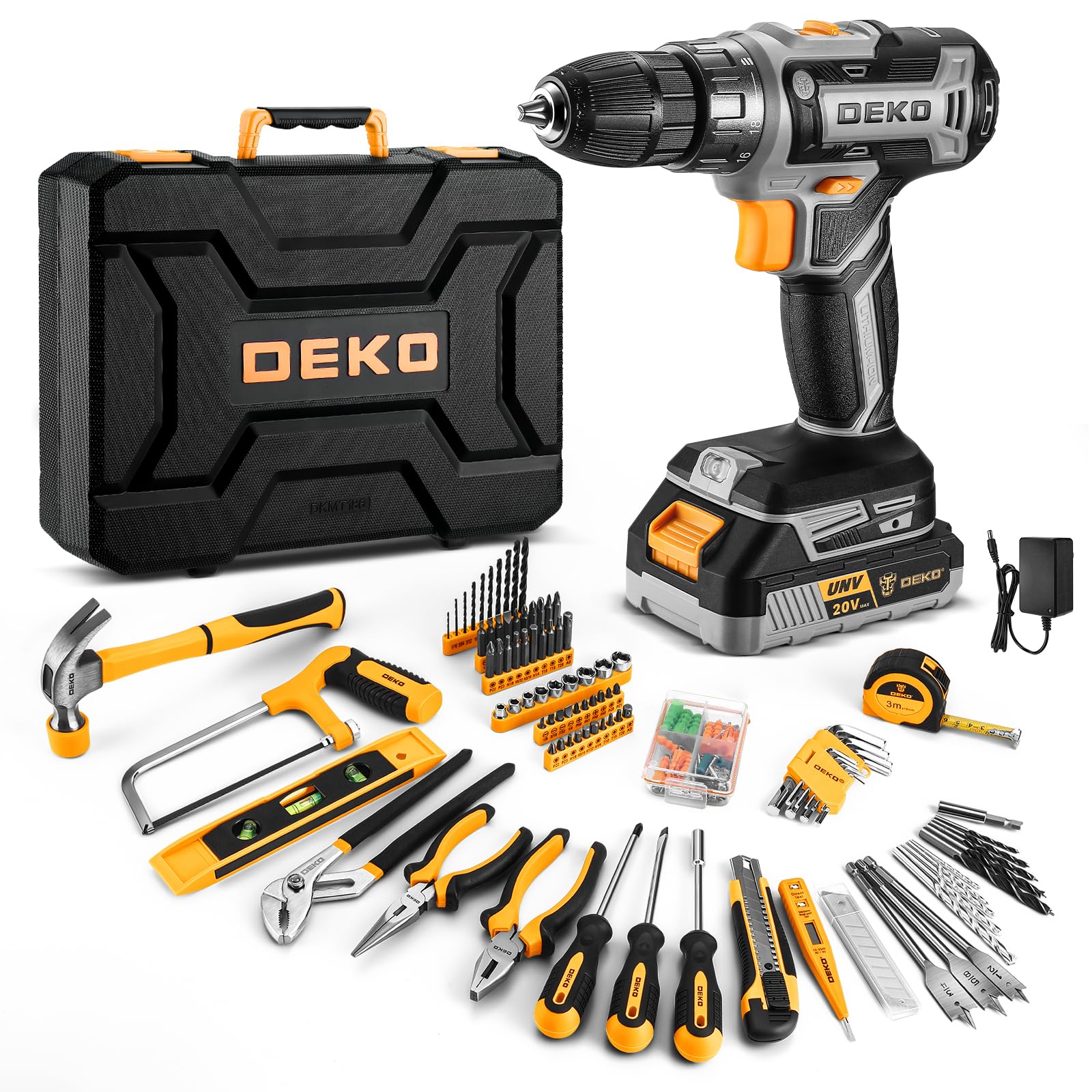 DEKO Cassetta Attrezzi Completa con Trapano Avvitatore Batteria 20V, 186 Pezzi, Set Completo di Punte