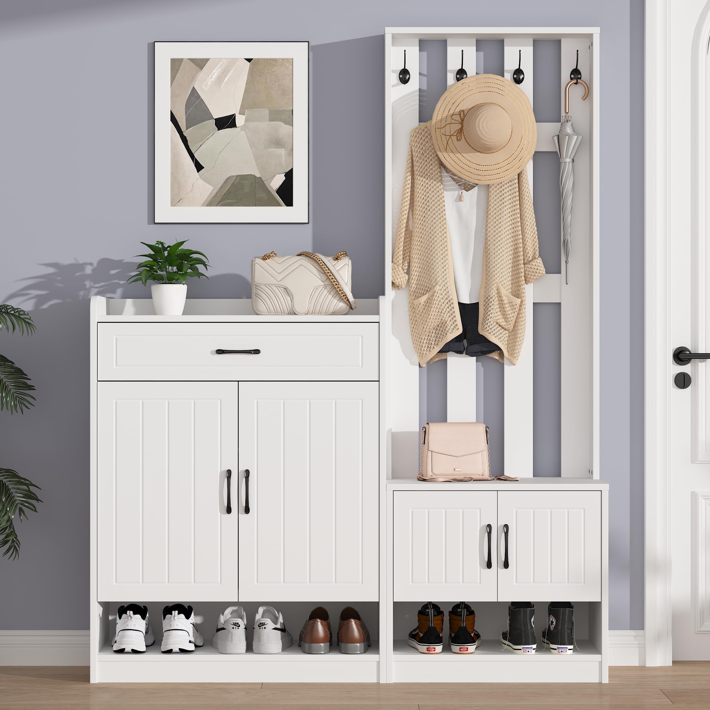 Garderobenset Wandgarderobe, Garderoben Set mit Schuhbank und Wandpaneelen, Garderobenständer, Flurgarderobe Set mit Schubladen und Türen, Flurtrockenständer, Weiß Flurmöbel 140.6x32x180 cm