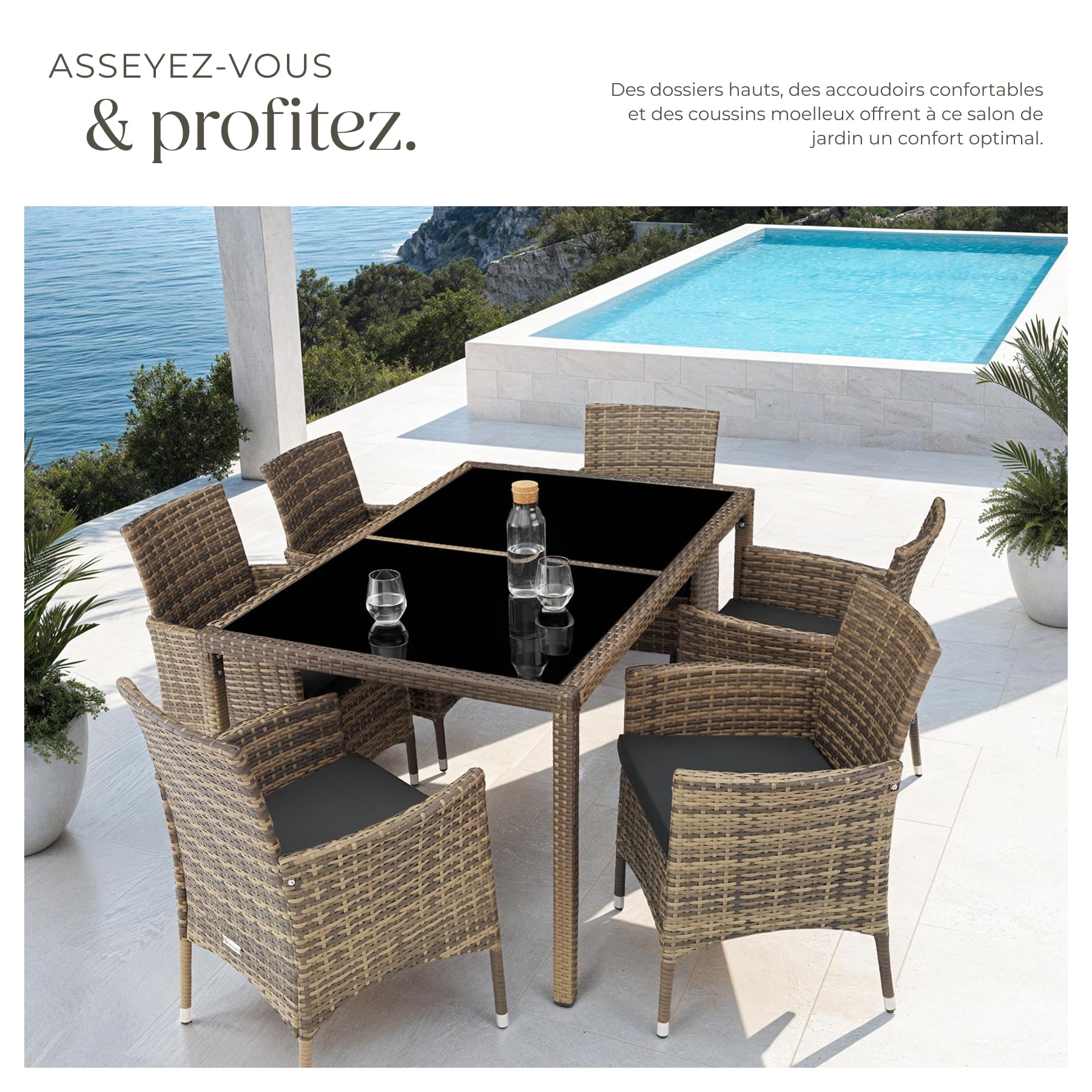 tectake® Salon de Jardin Exterieur en Poly Rotin avec Table de Jardin & 6 Chaise Confortable, Résistant aux UV, Mobilier de Jardin pour Amenagement Balcon ou Terrasse - Marron Naturel/Gris foncé