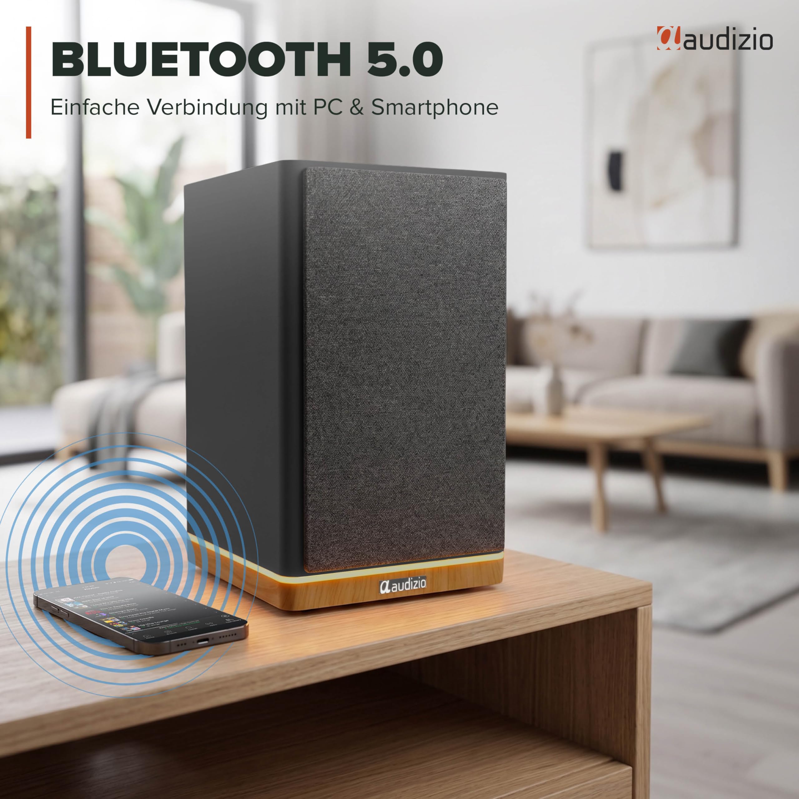 Audizio KS12 Aktiv Lautsprecher Boxen Set 80 Watt - HiFi Boxen mit Bluetooth 5.3, Ambiente-Licht, HiFi Lautsprecher mit Verstärker für TV & PC, Sub-Out, HDMI, Optisch, USB & Fernbedienung - Schwarz